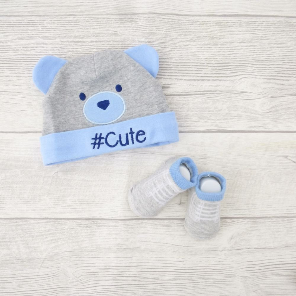 Boys Hat and Socks Set 0-6 Months Grey/Blue