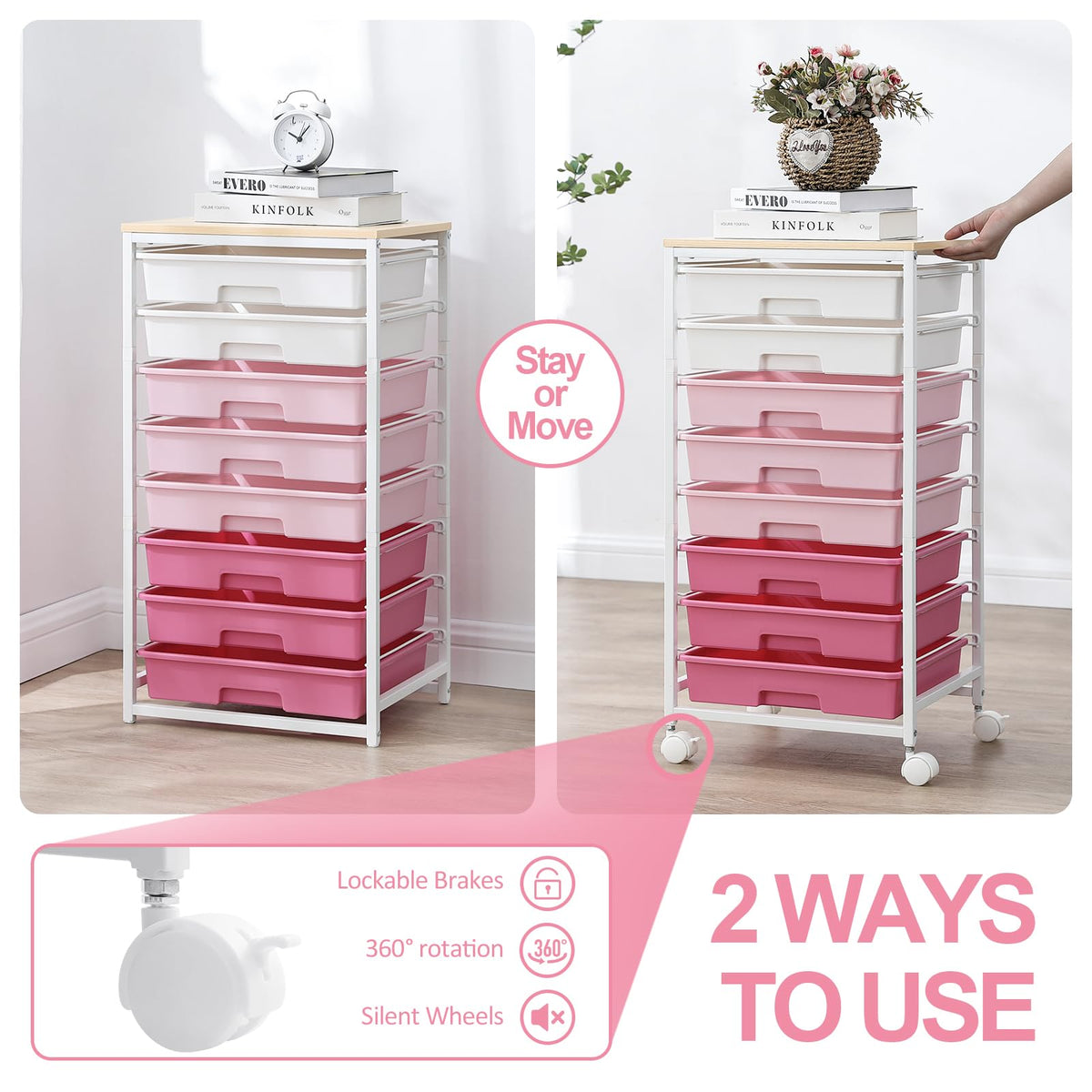 SYKIARIOL 8-Drawer Storage Trolley Rolling Cart with Lockable Wheels, Rose
