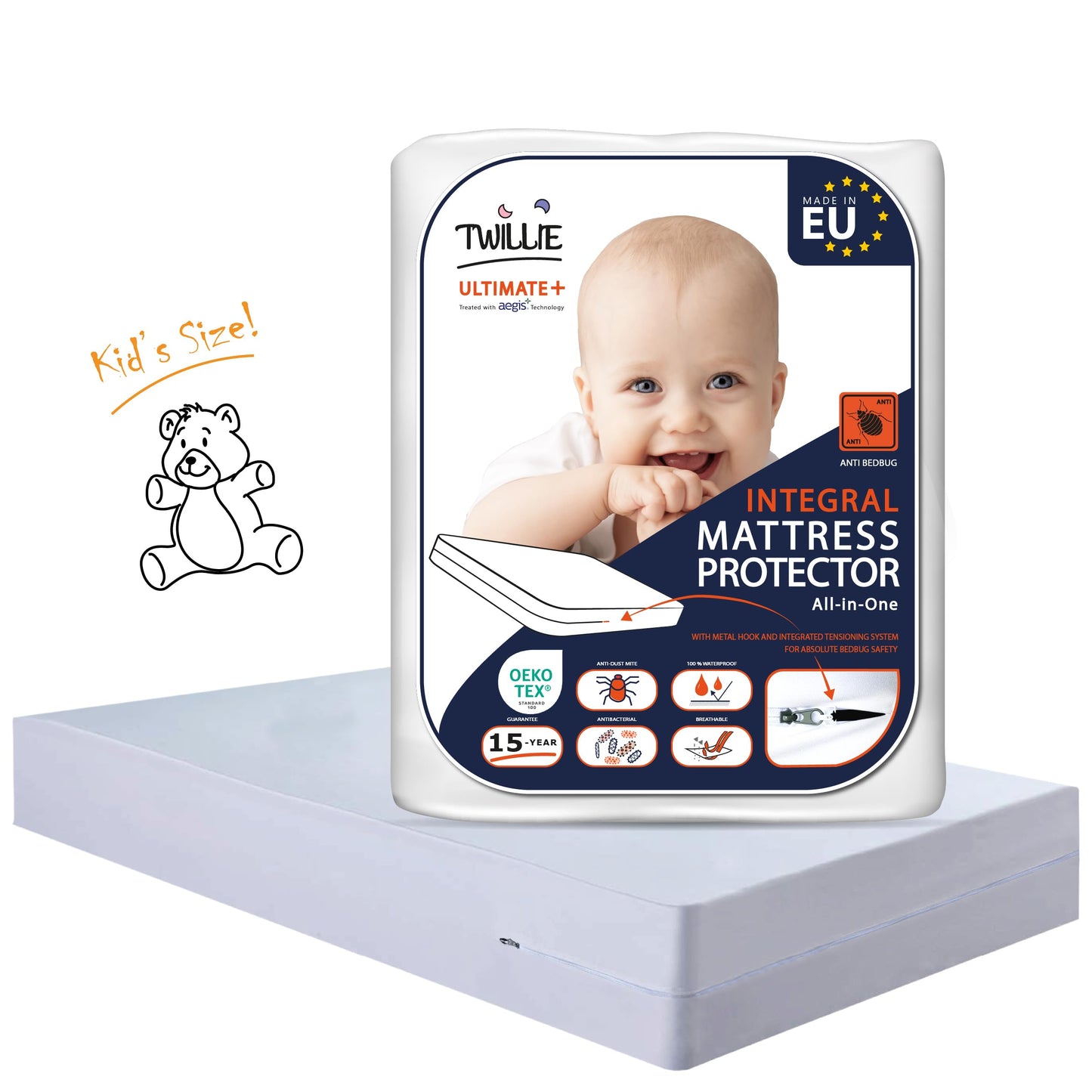 Twillie - Integral Mattress Cover 80x160x20 cm Waterproof - Anti bedbug - Oeko-TEX® Mattress Cover AEGIS® treatment Anti-Dust Mite, Anti-Bacterial