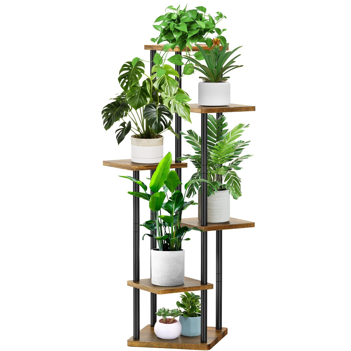 YOCOMEY 6 Tier Wood Tall Plant Stand Metal Rack Indoor, Multiple Flower Pot Holder Shelves Corner Rack, Planter Shelf Display Rack Storage Organizer