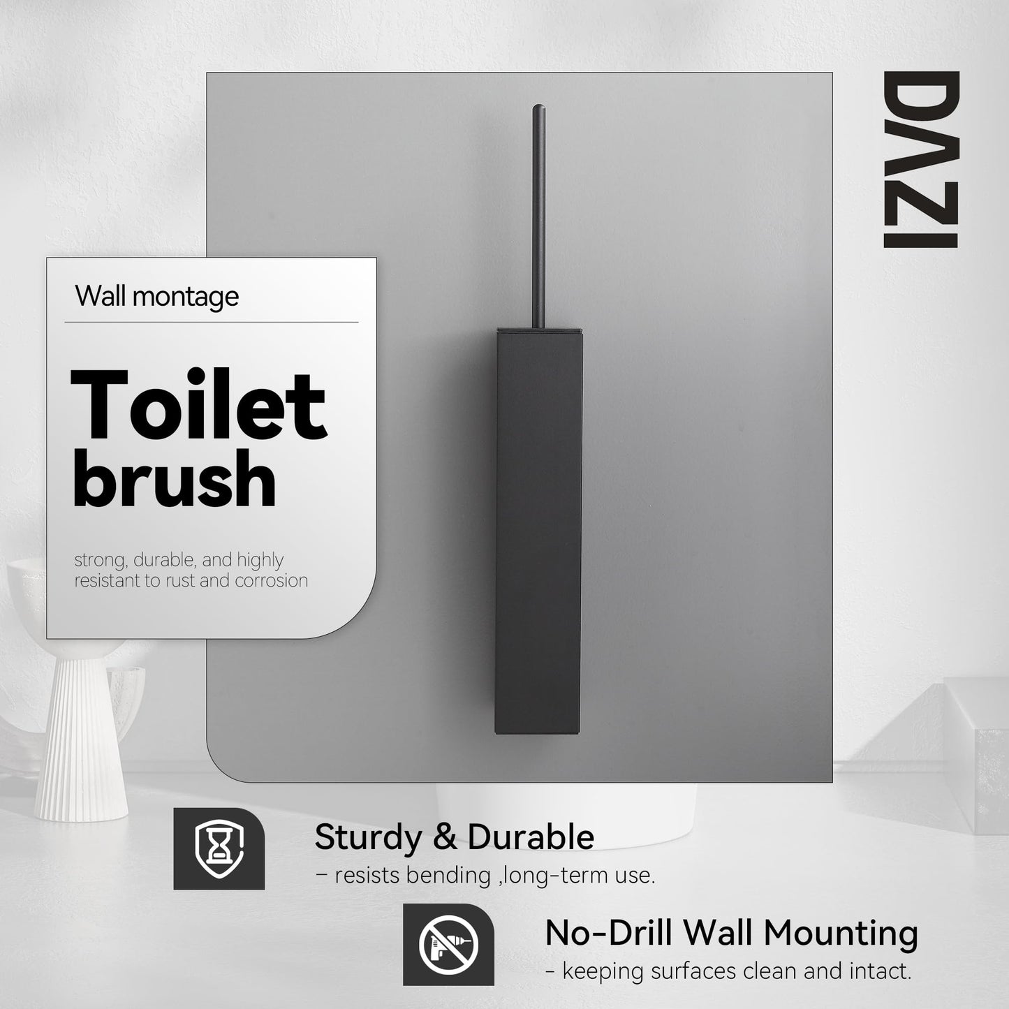 DAZI Toilet Brush WC Wall-Mounted, Toilet Brush Holder Stainless Steel Matte Black Finish without drilling