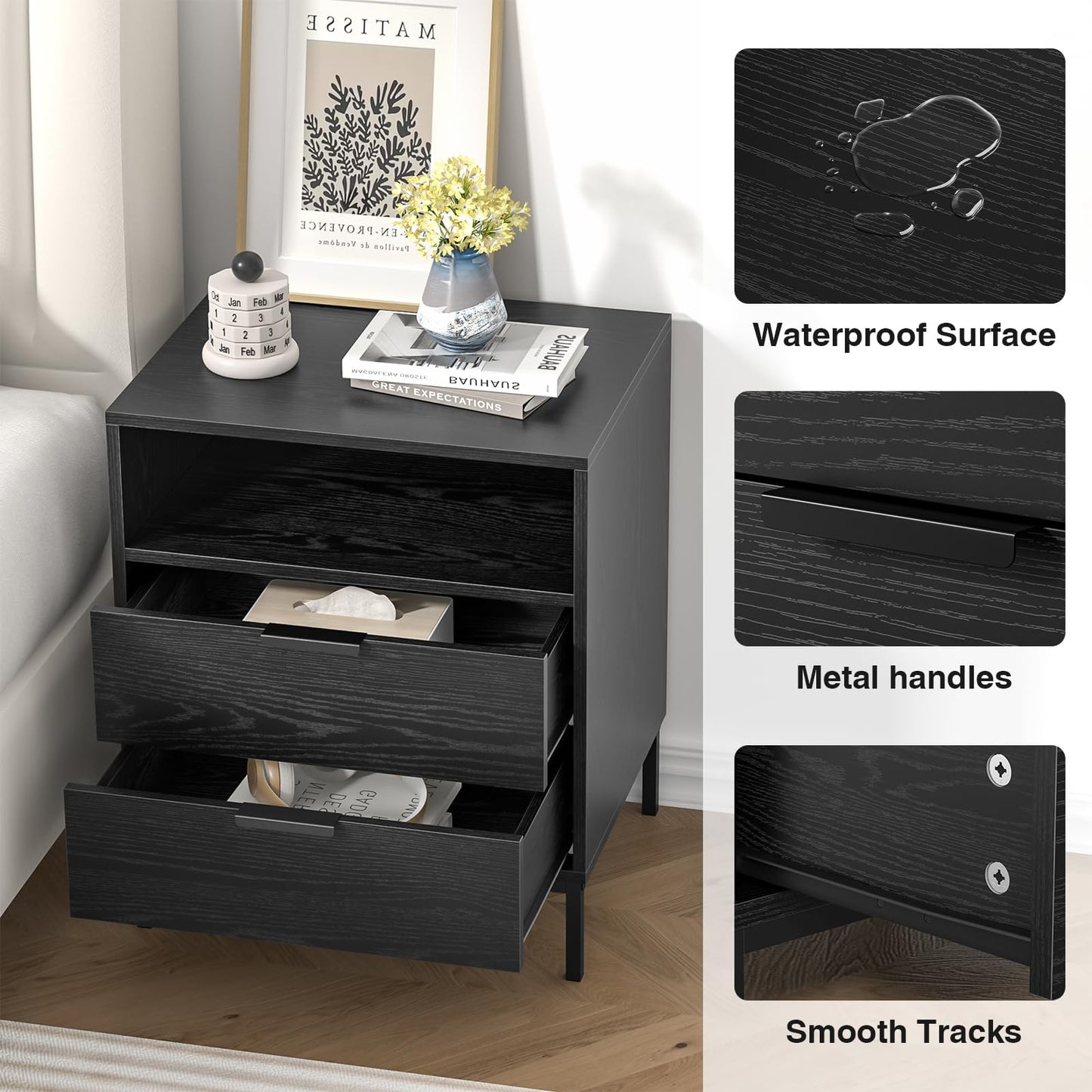 Skokliz Bedside Table with 2 Drawers and Open Shelf - Black Wood Nightstand for Bedroom 50x40x60 cm, Modern Side Table for Living Room & Small Spaces
