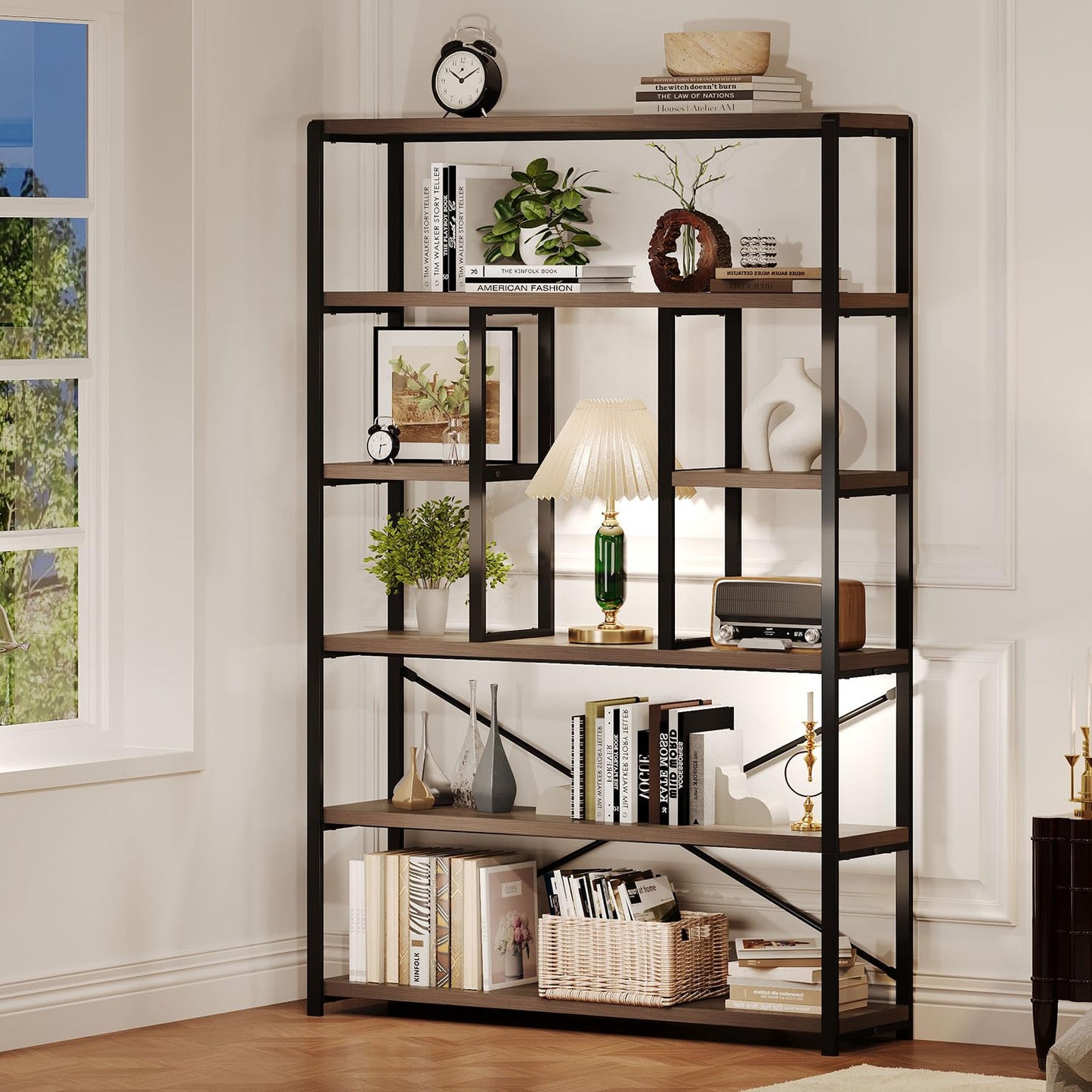 LVB Tall Industrial Etagere Bookcase, Modern Wood Large Open 6 Tier Bookshelf, Vintage Wide Metal Book Shelf Organizer