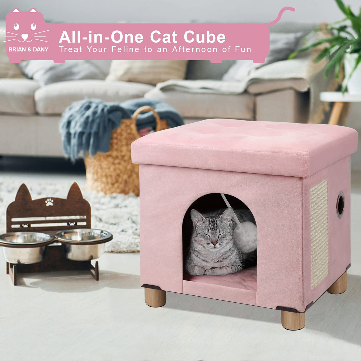 BRIAN & DANY Cat Cave for Indoor Cats, Multifunctional Cat Cube House with Scratch Board & Ball, Foldable Cat Bed, 37.5 x 32.5 x 36 cm, Pink