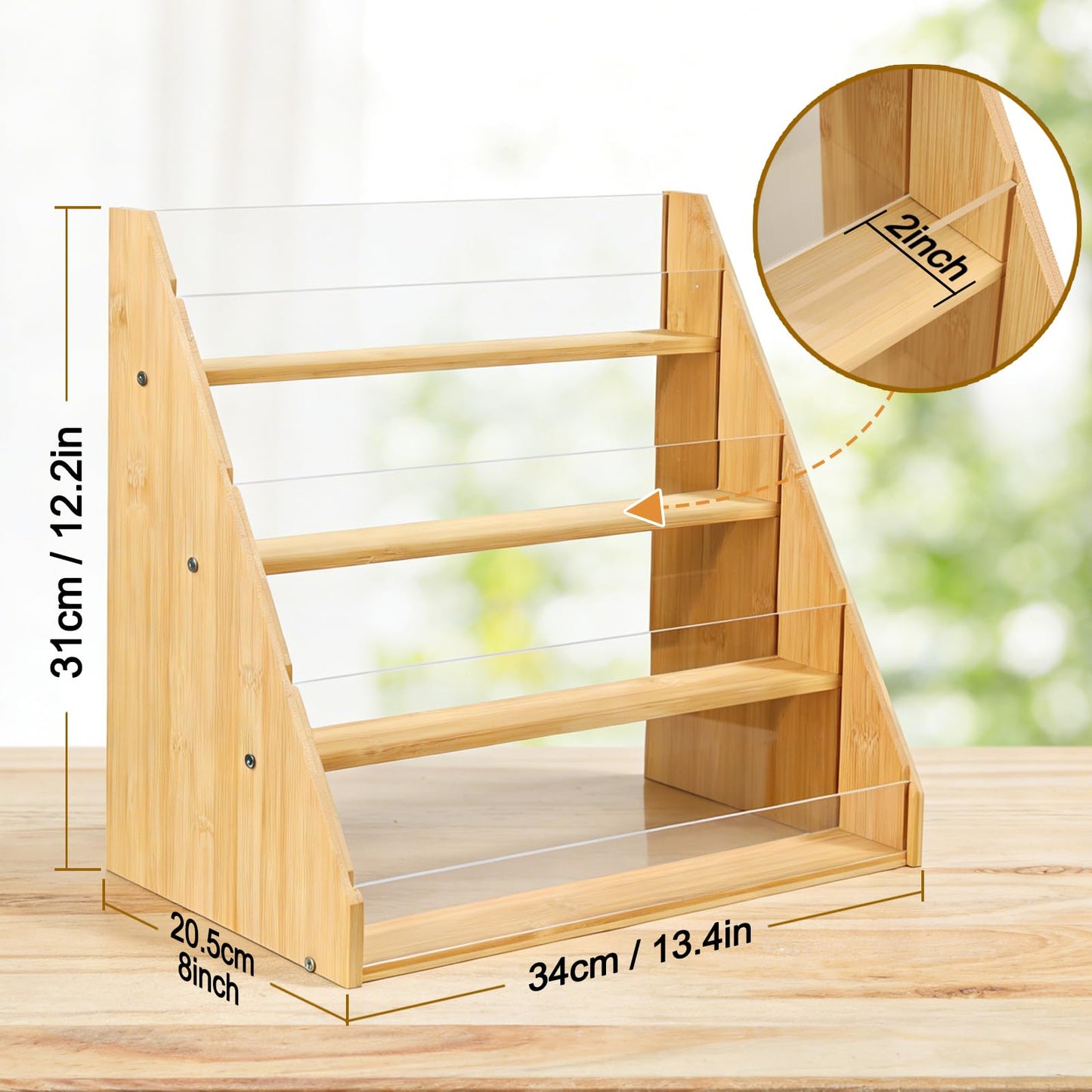 4 Tier Greeting Card Display Stand - Bamboo Acrylic Organiser Rack, Multi-Purpose Holder,Clear Acrylic Display Rack, Desktop Organiser for Postcards