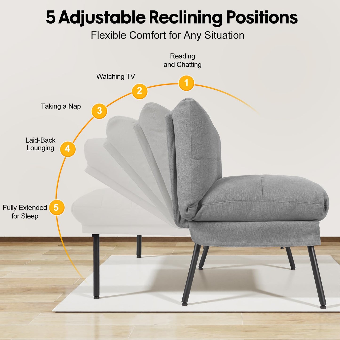Panana Fabric 3 Seater Sofa Bed, 5-Gear Back Angle Adjustable Futon Sofa for Living Room/Guest Room (Grey)
