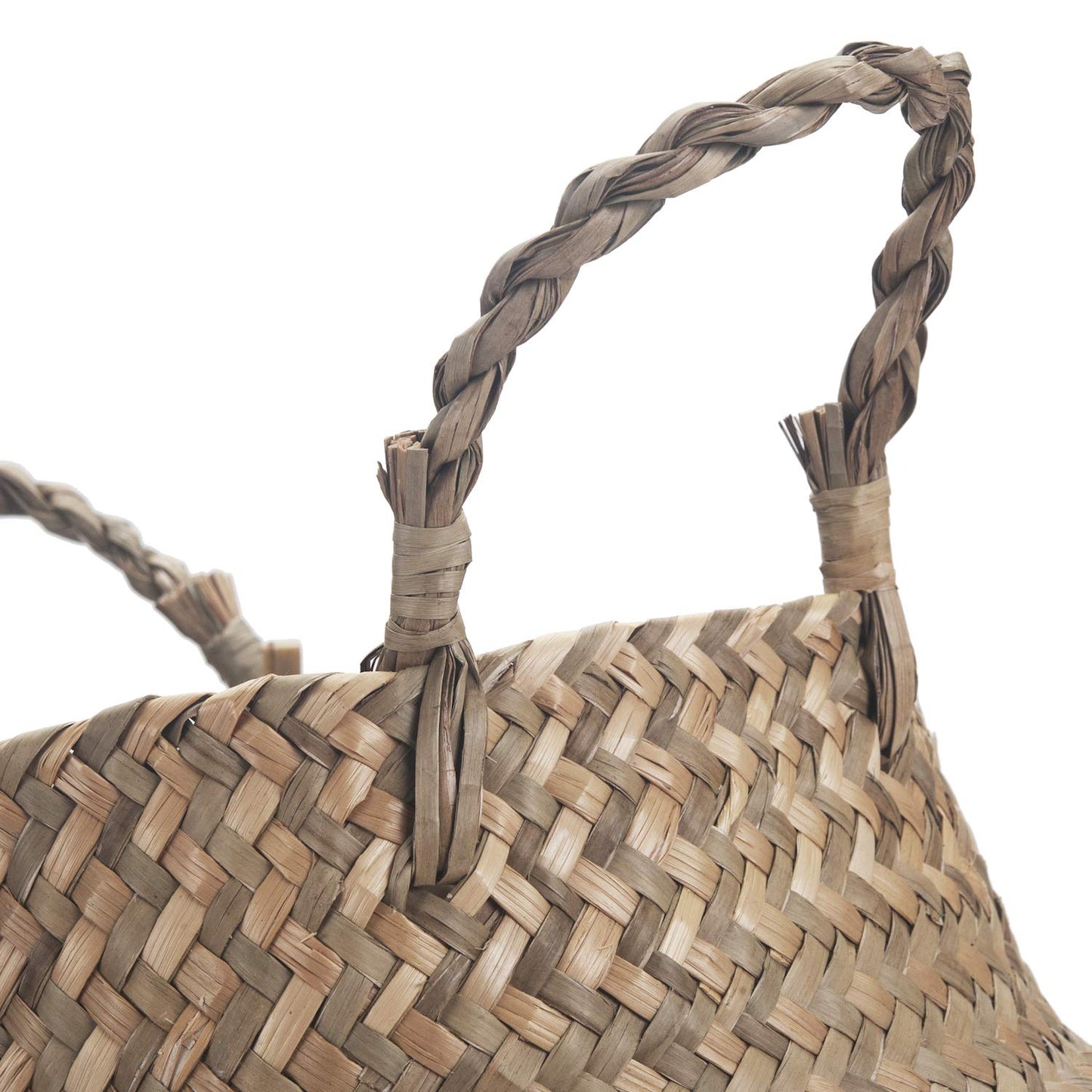 Seagrass Belly Basket Natural Woven Plant Pot Foldable with Handles for Storage Laundry Blankets Toys (Natural + Black)