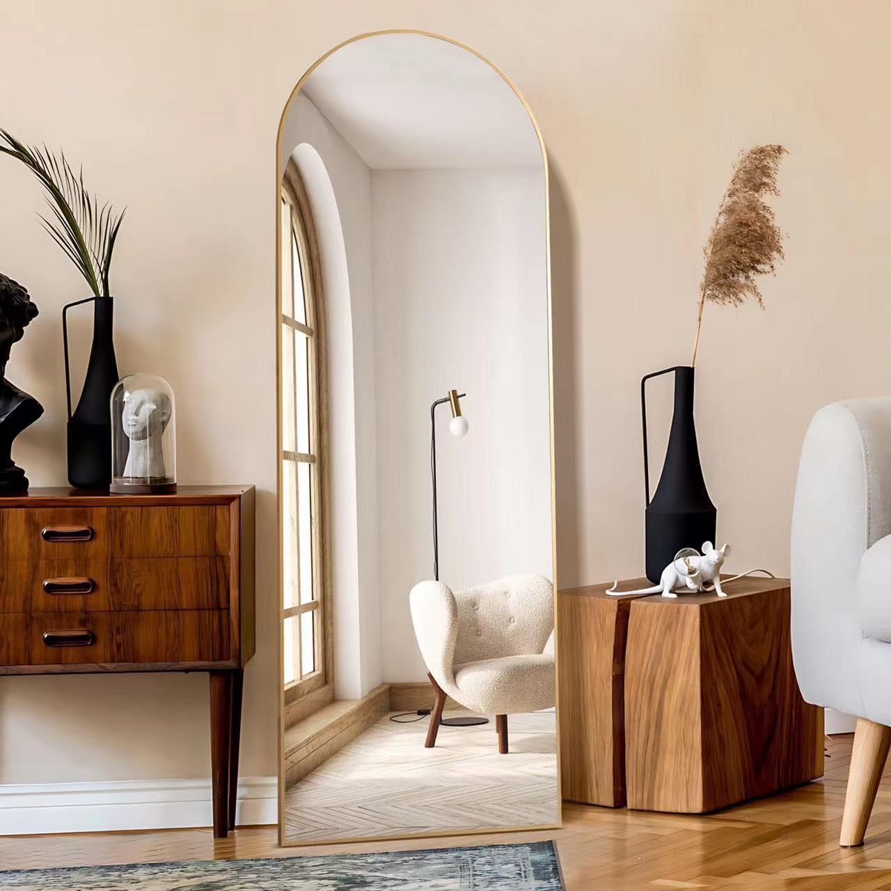KOCUUY Arched Full Length Mirror, 161 x 52 cm Wall Mirror, Standing or Leaning Full Body Mirror with Aluminum Alloy Frame, Suitable for Bedrooms,