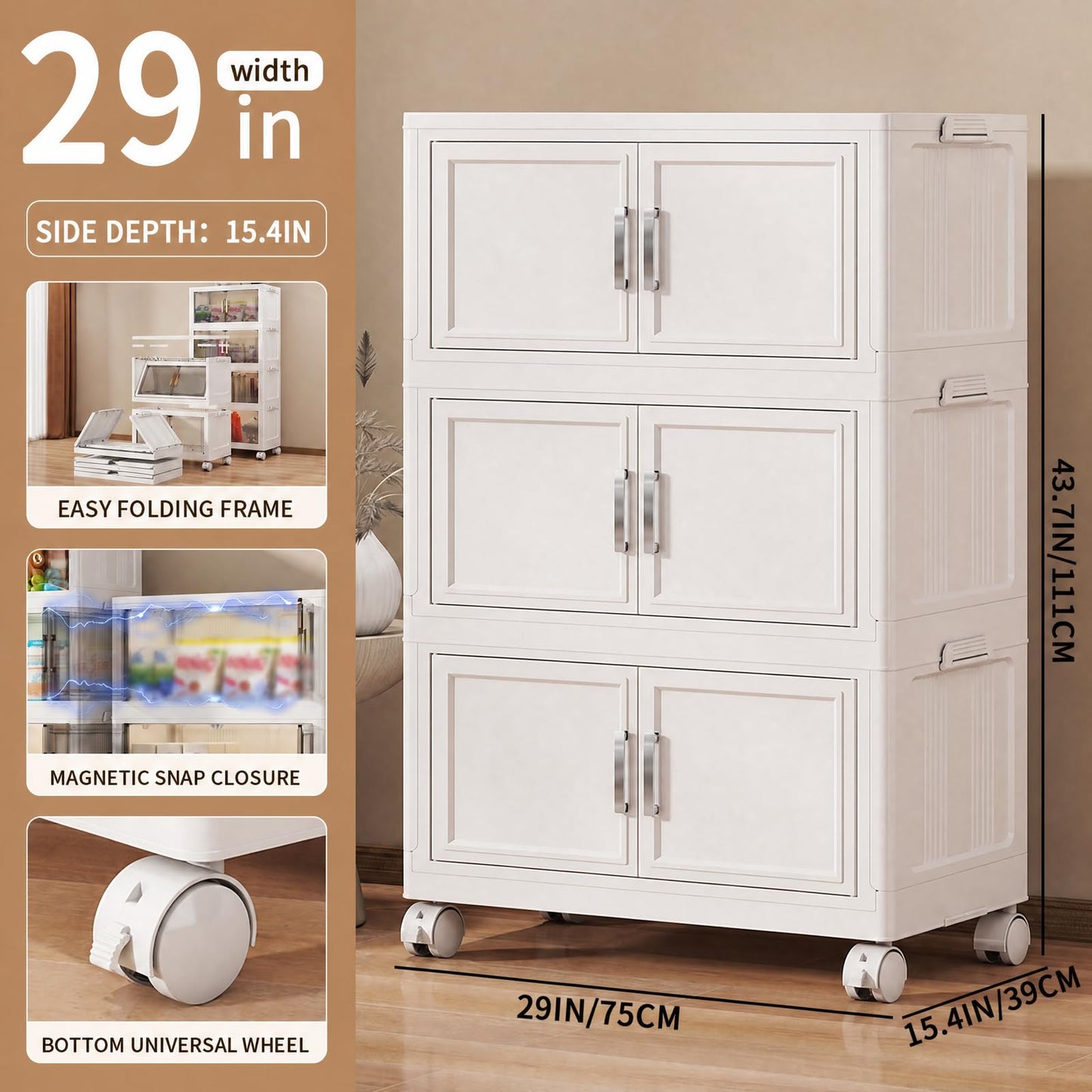 Naviconvex Storage Boxes with Lid, 80L*3 Tier Plastic Storage Box with 1 Lid, Foldable Boxes, Stackable Drawers with Wheels