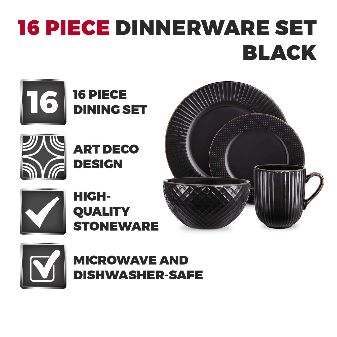 Tower T867002BLK Empire 16 Piece Dinnerware Set, Stoneware, Black and Brass