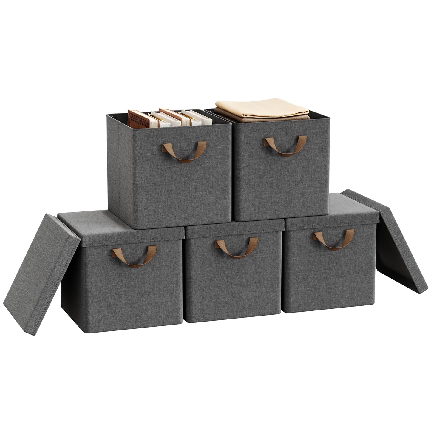 WOLTU Fabric Storage Boxes Set of 5, Folding Baskets with Lids, Handles, Metal Frame, Wardrobe Toy Organisers for Living Room, Bedroom, Office, Grey