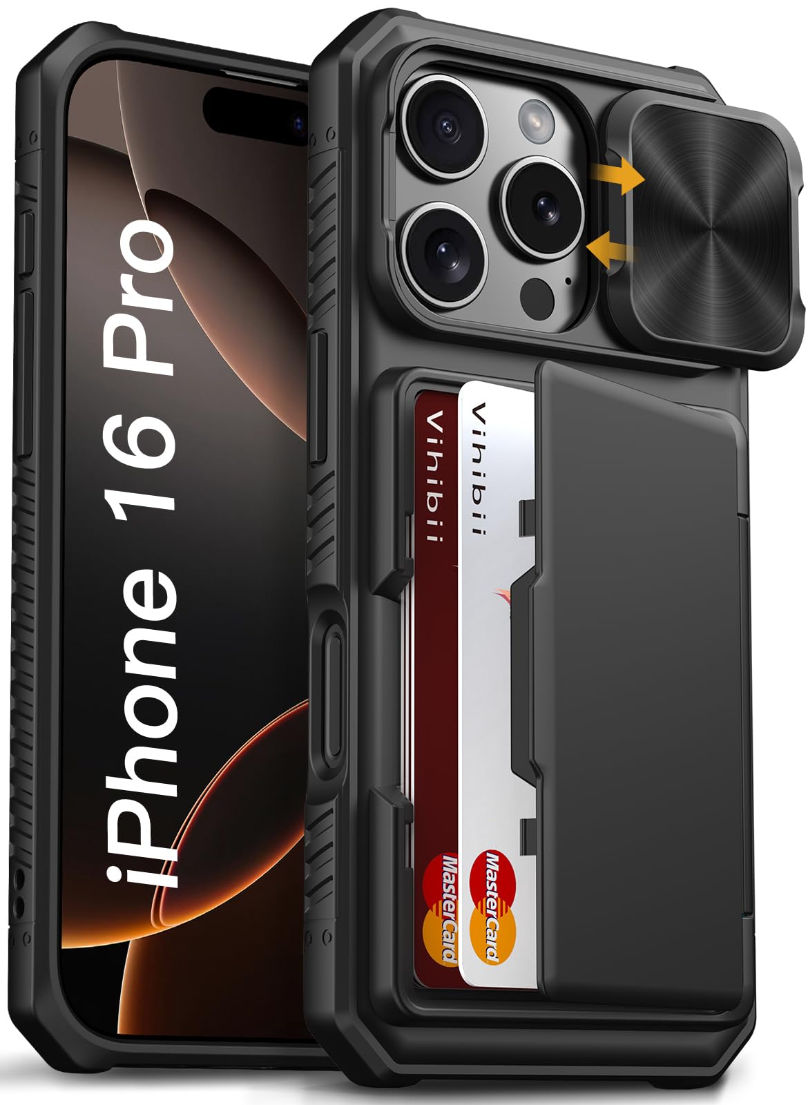 Vihibii for iPhone 16 Pro Case Wallet with Card Holder (4 Cards) [RFID Blocking] & Slide Camera Cover, Military Grade Drop Protection, Rugged Hard