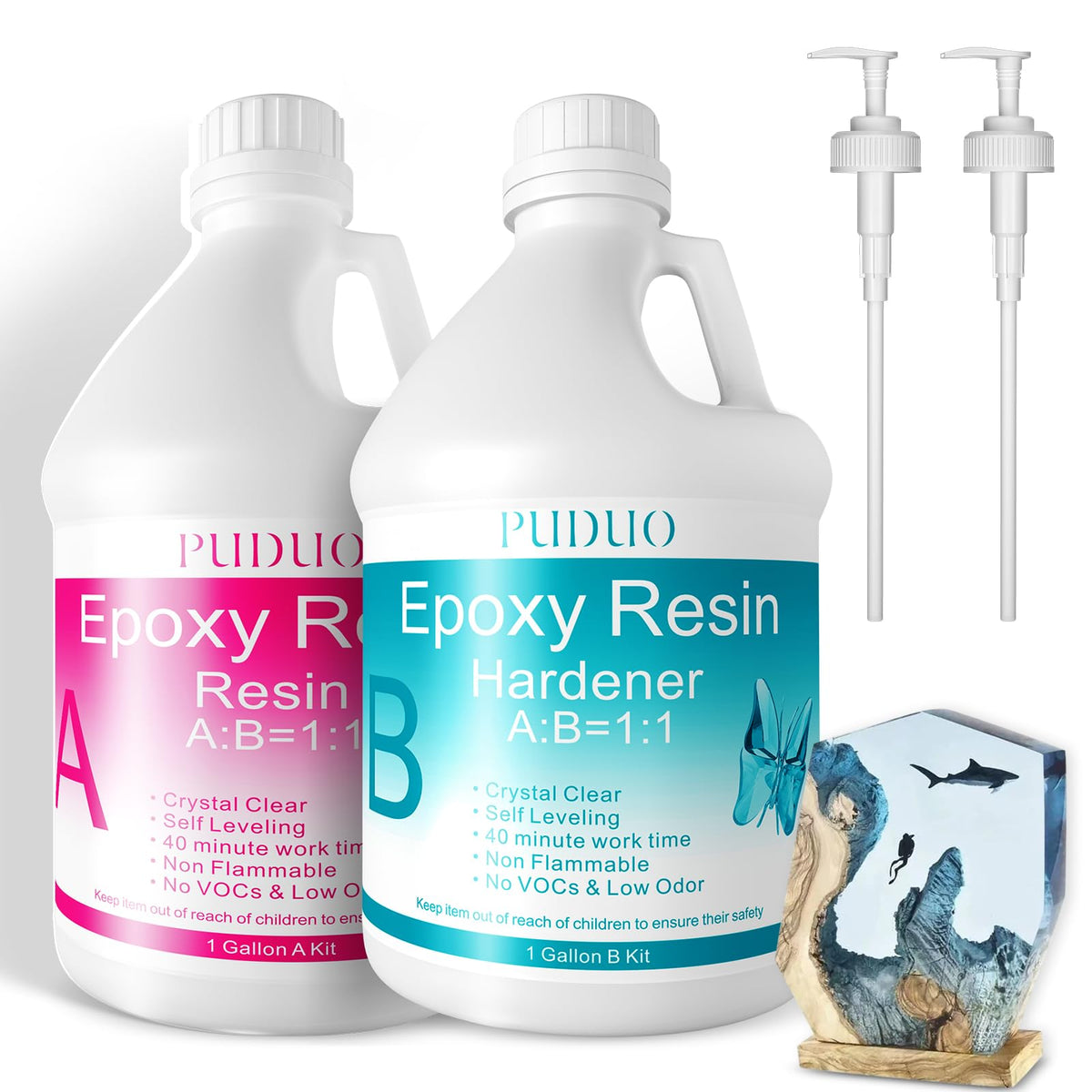 Puduo Epoxy-Resin-Crystal-Clear-Art 1 Gallon Kit for Coating, Casting, Resin Art, Jewelry, Tabletop, Bar Top, Live Edge Tables, Fast Curing 2 Part