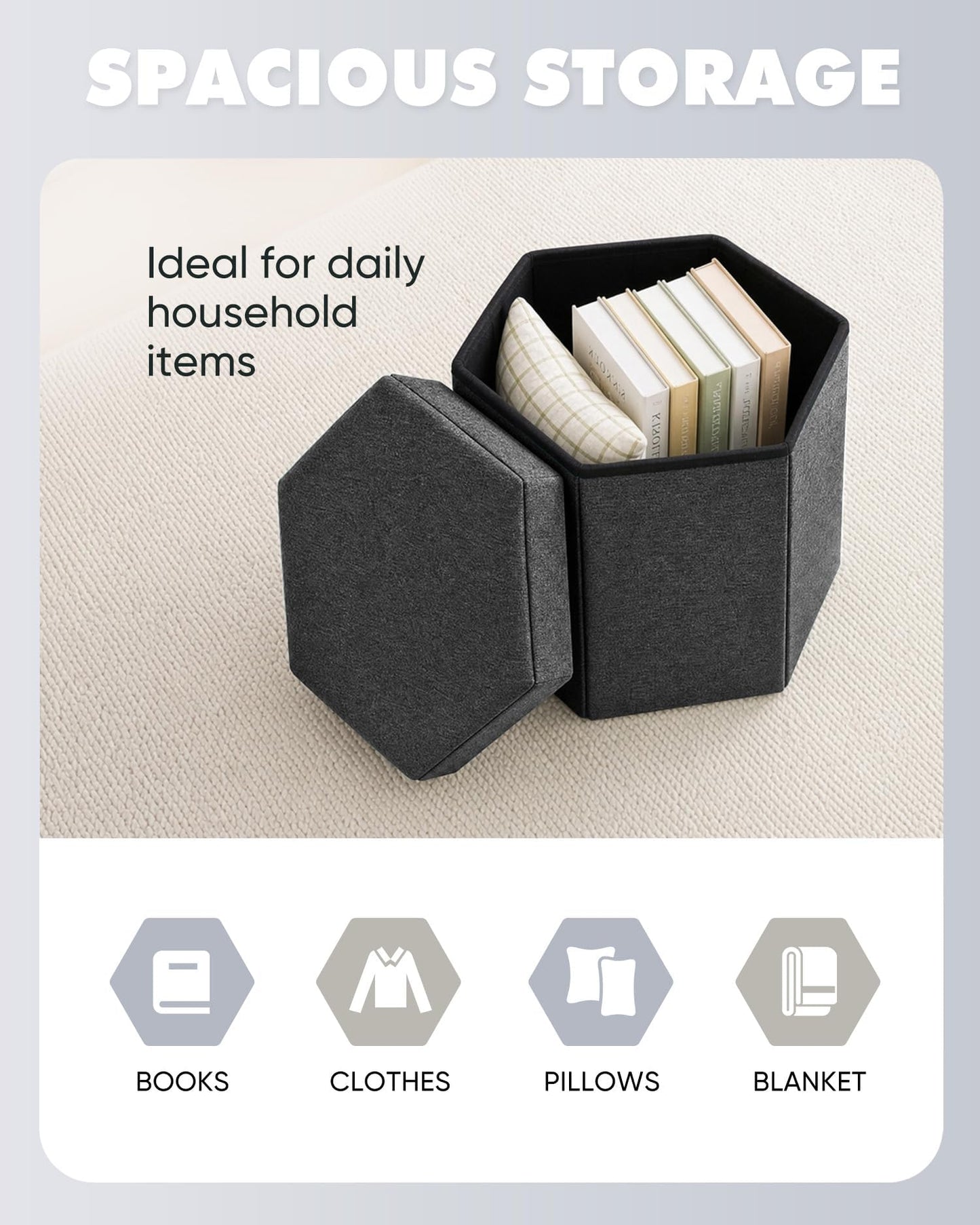 Bonlife Folding Storage Ottoman Hexagonal, Footrest with Toy Ches Box, 43cm