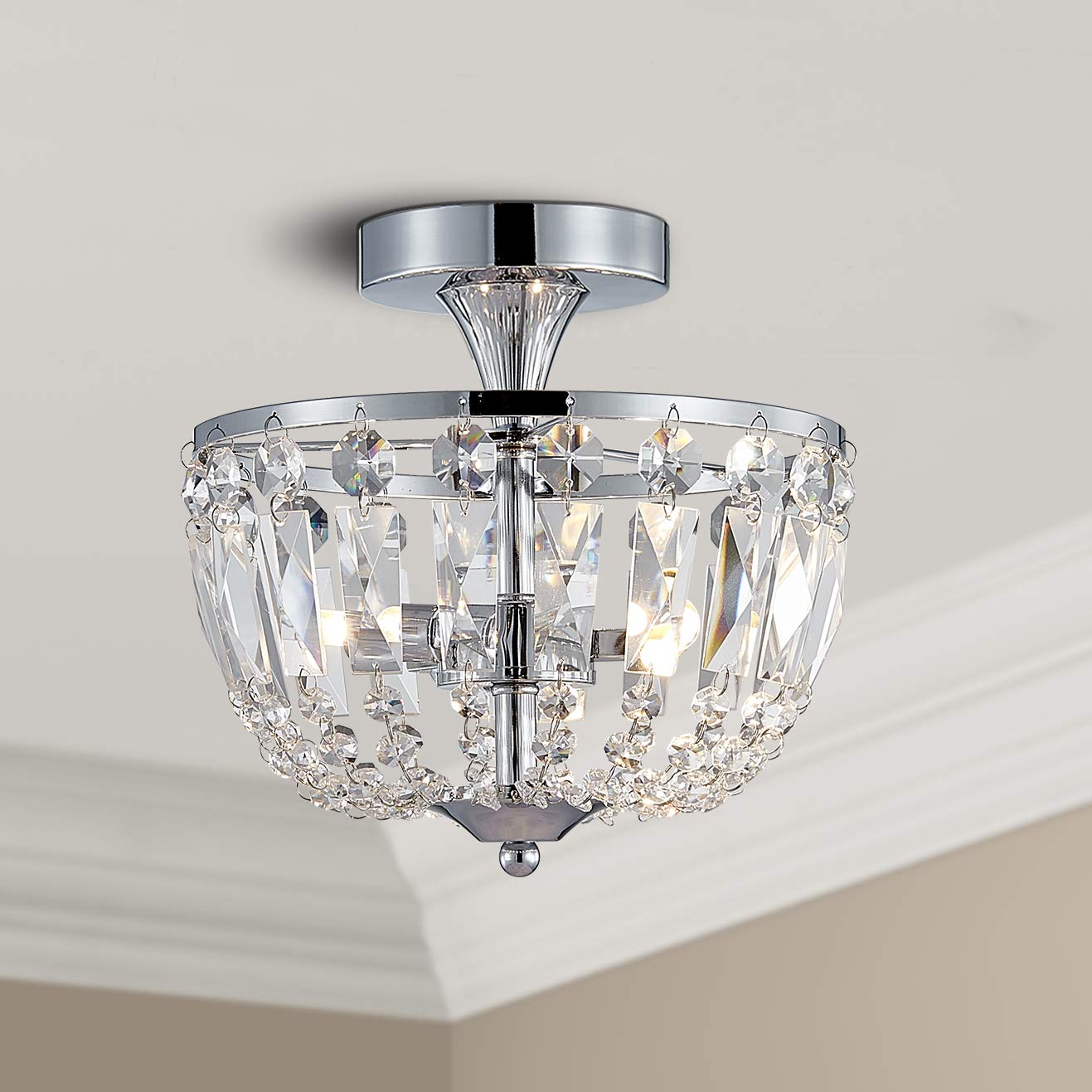 BESTIER Modern Chrome Crystal Semi Flushmount Chandelier Lighting LED Ceiling Light Fixture Lamp for Dining Room Bathroom Bedroom Livingroom 3 G9
