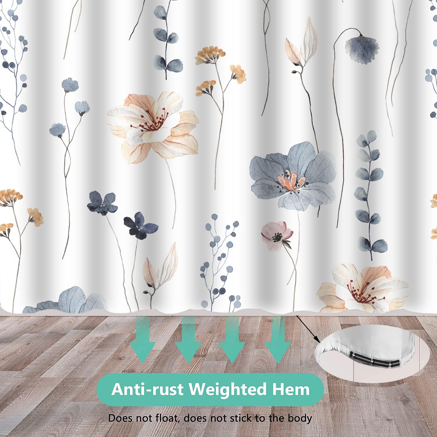Jemsia Shower Curtain for Bathroom,Leaf Print Waterproof Anti Mould Bath Curtain with Weighted Hem,12 Hooks Floral Washable Polyester Shower Curtains