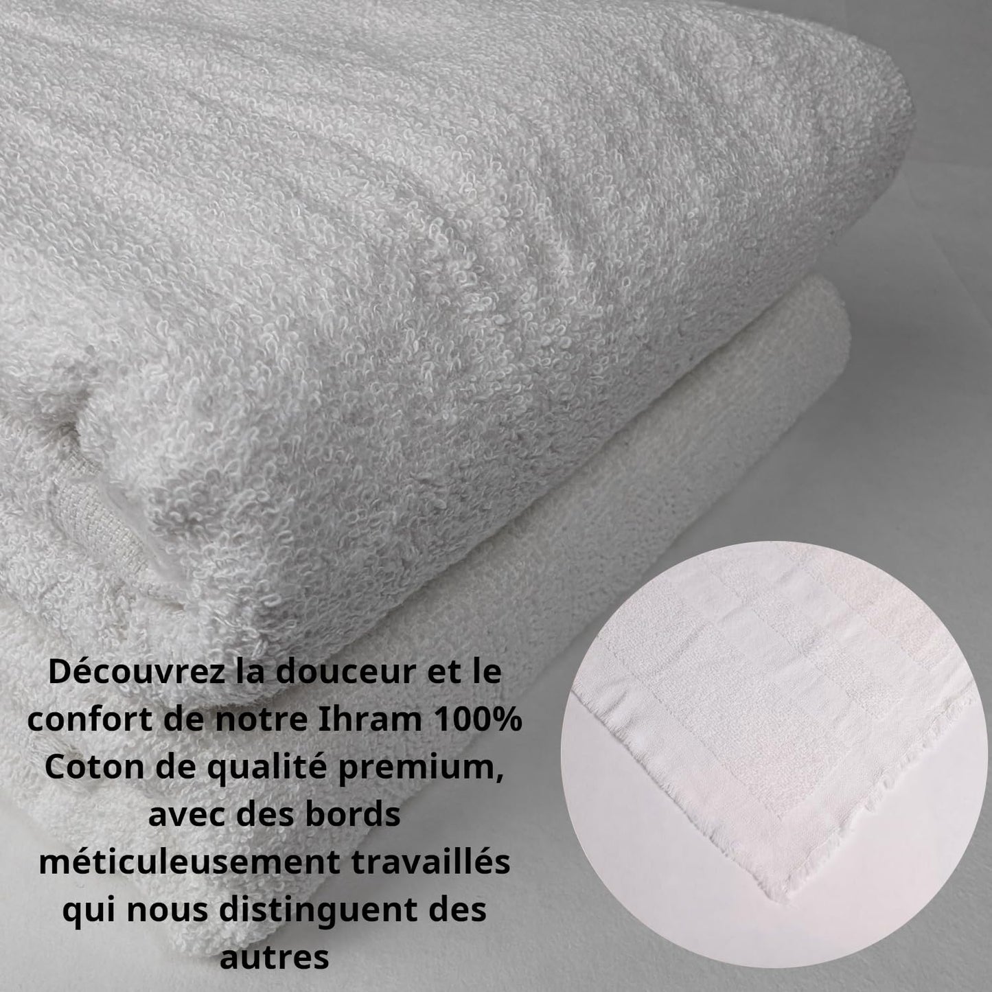 Ihram Hajj and Omra Adult 1350grame - Set of 2 Thick White Towels - 110 x 220 cm - Made from 100% Natural Cotton of Turkish Origin