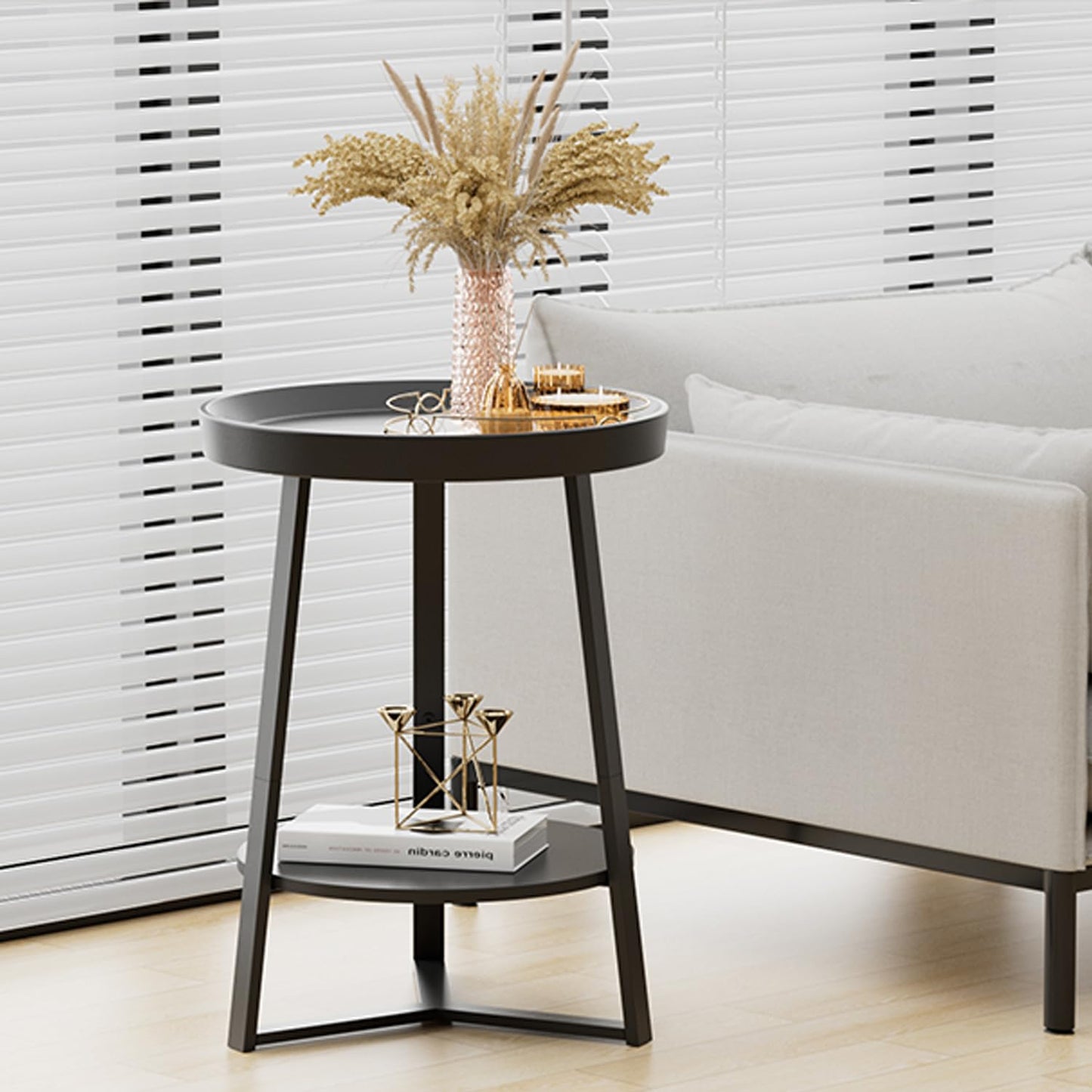 HOME BI Round End Table with Storage Shelf, 2 Tier Farmhouse Circle Side Table Nightstand for Living Room, Bedroom,Black Wood Grain