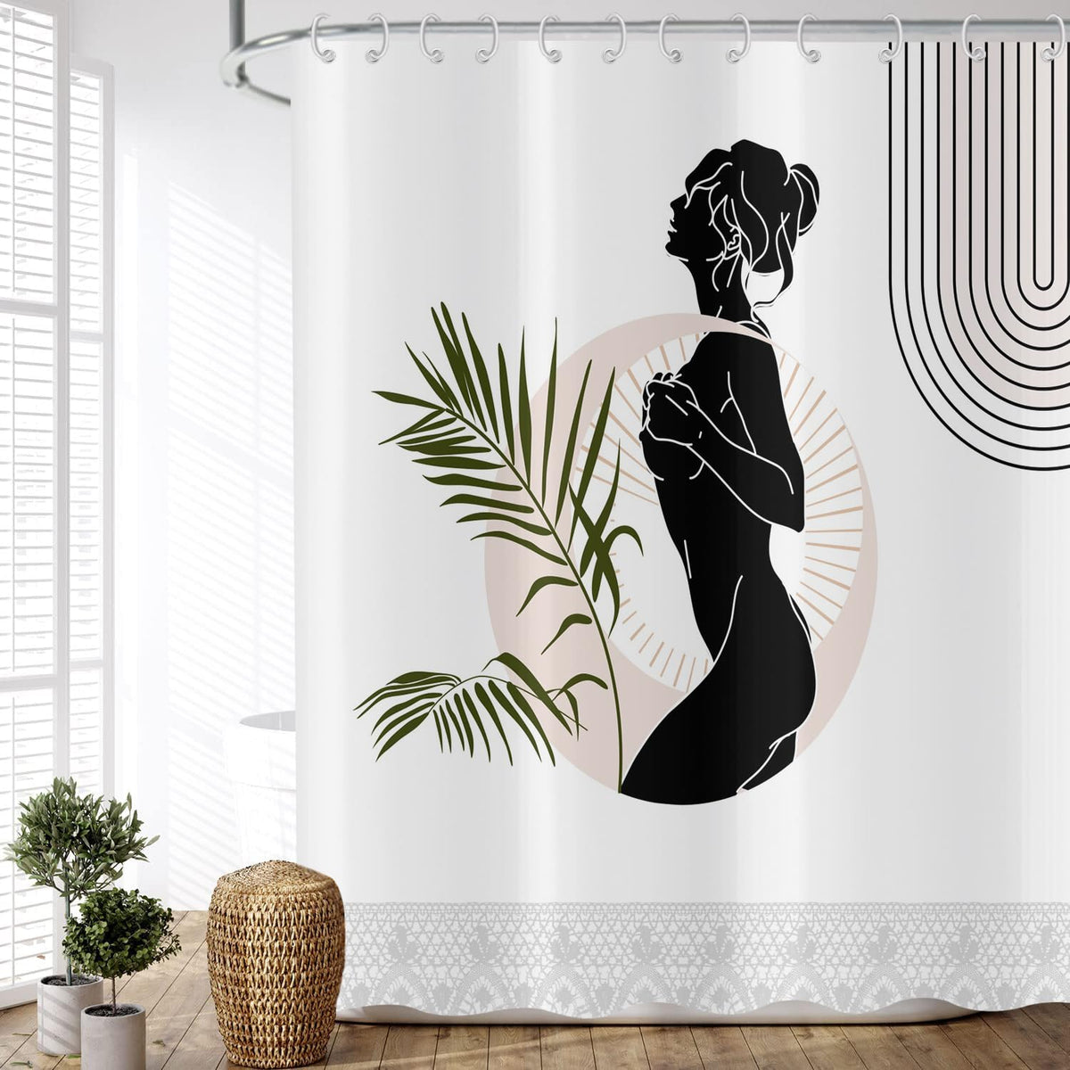 ASDCXZ Shower Curtain Boho Style 180x180 cm, Modern Abstract Art Elegant Girl Green Leaves White Bath Washable Shower Curtains Polyester Textile