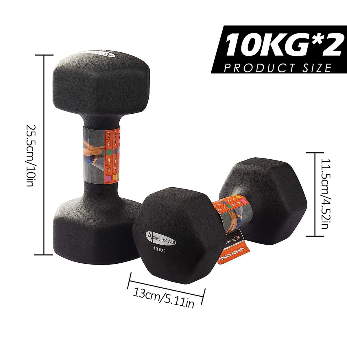 ACTIVE FOREVER Dumbbells 2?10kg, Set of 2, Hex Dumbbells Pair, Neoprene Waterproof Non-slip Dumbells Set (Black)