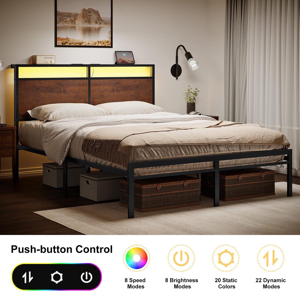 Mossora Double Bed Frame with LED Headboard & Charging Station 135 * 190cm