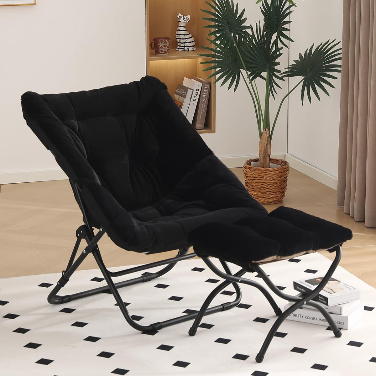 SESHINELL Saucer Chair with Ottoman, Oversized Foldable Faux Fur Lounge Seat with Metal Frame, Cosy Accent Chair for Bedroom, Living Room or Dorm