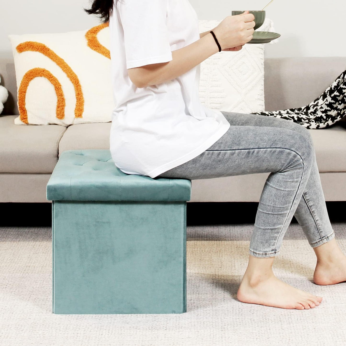 Bonlife Velvet Foldable Storage Ottoman Cube,Green Footstool with Lid,40cm