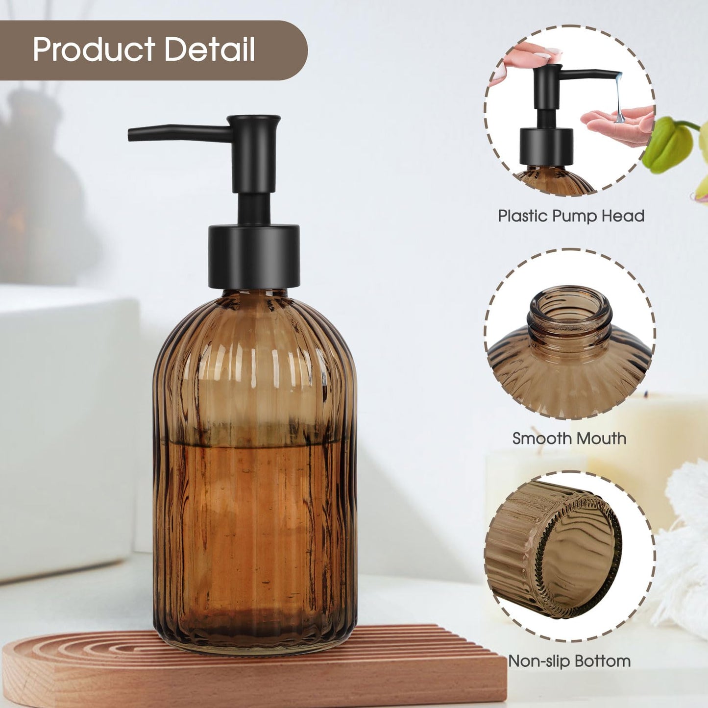 Topsky Glass Soap Dispenser with Black Rustproof Plastic Pump, 400ml Amber