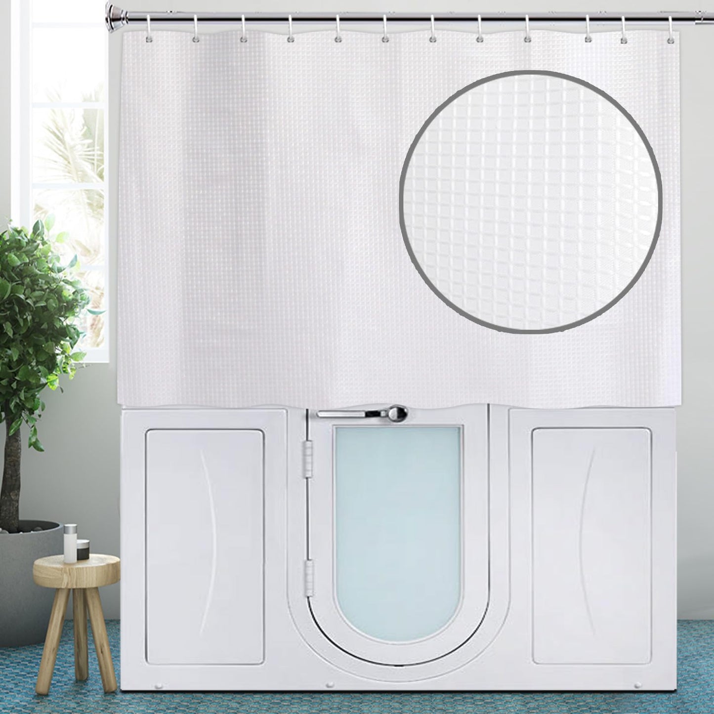 YISURE Short Shower Curtain, White Waffle Textured Fabric Waterproof Bath Curtain Sets 180x122cm?shower curtain for Walk in tub with Plastic Hooks