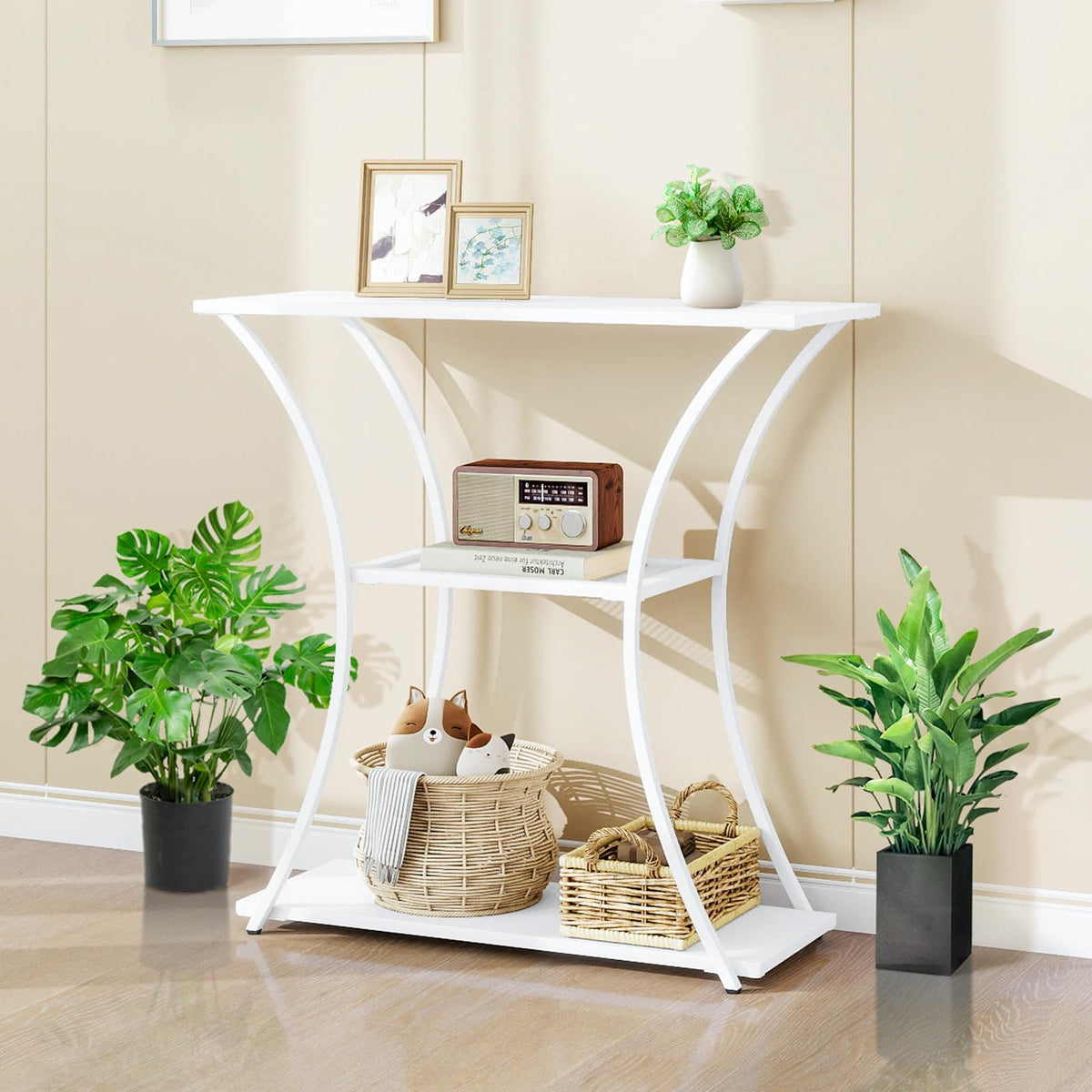 HDANI 3-Tier Metal Console Table with Grid Shelf, Narrow Hallway Table with Sturdy Frame, Narrow Entrance Table & Sofa Table for Hallway, Living Room
