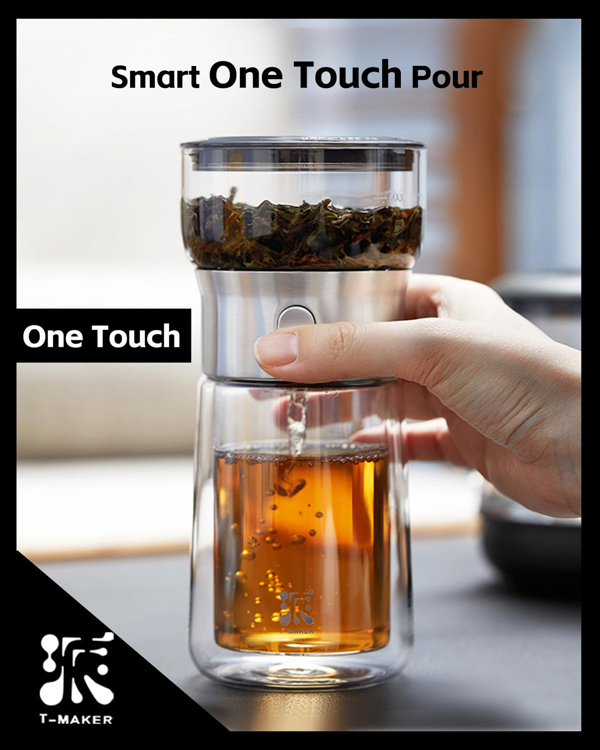 ZENS Modern Solo Tea Infuser Teapot, Smart One Touch Drip Tea Pot for Loose Tea Diffusers, Small Glass Gongfu Magic Teapot with 270ml Insulated Cup