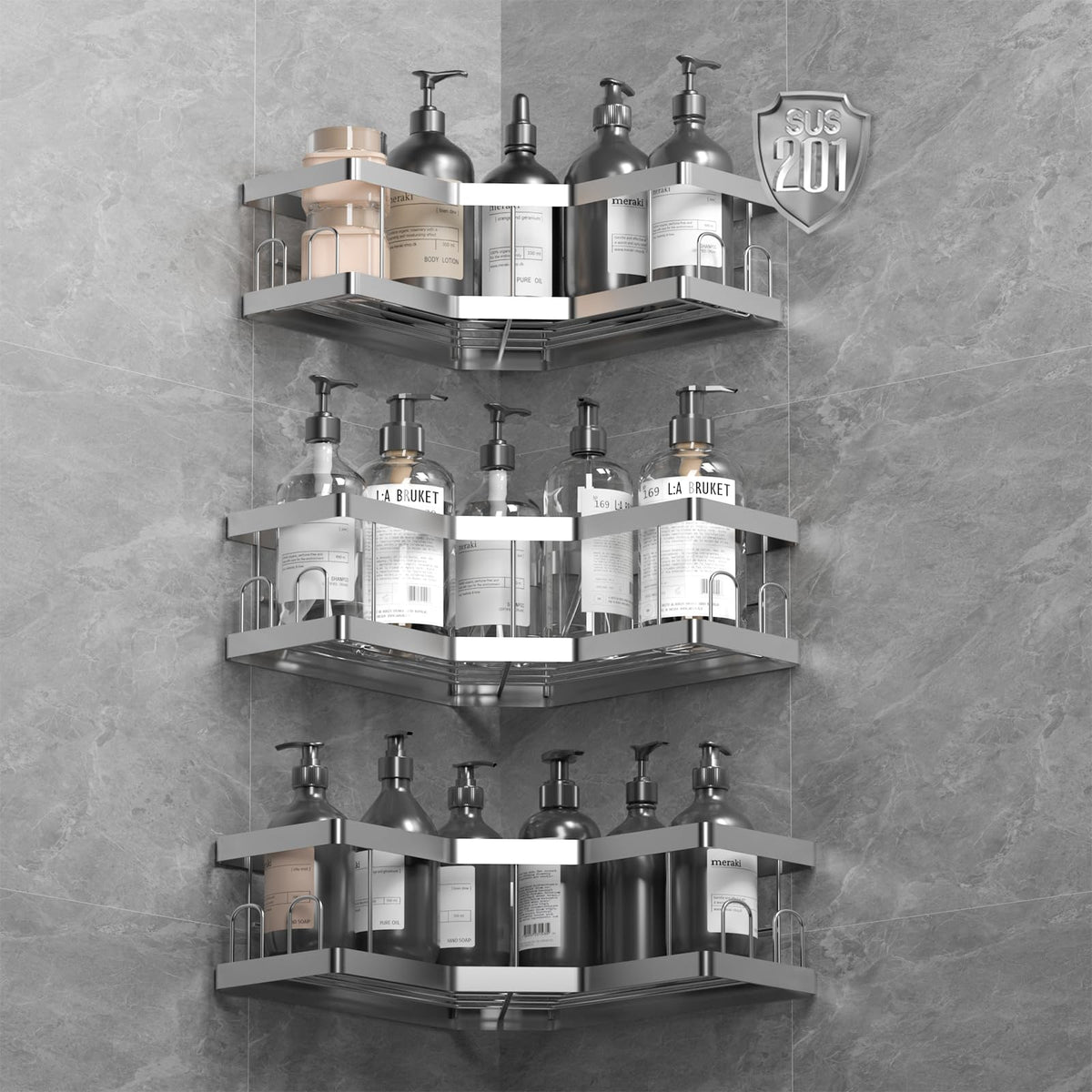 AceMining Shower Caddy, 3 Pack Silver Bathroom Shelves, Adhesive Shelf Storage No Drilling, 201 Stainless Steel Shower Organiser, Rust-Resistant Caddy