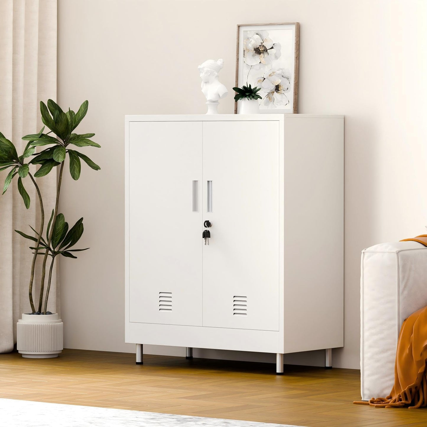 JINGUR Metal Storage Cupboard with Locking Doors and Adjustable Shelves, Lockable Storage Cabinet for Home Office Garage Pantry Entryway Living Room