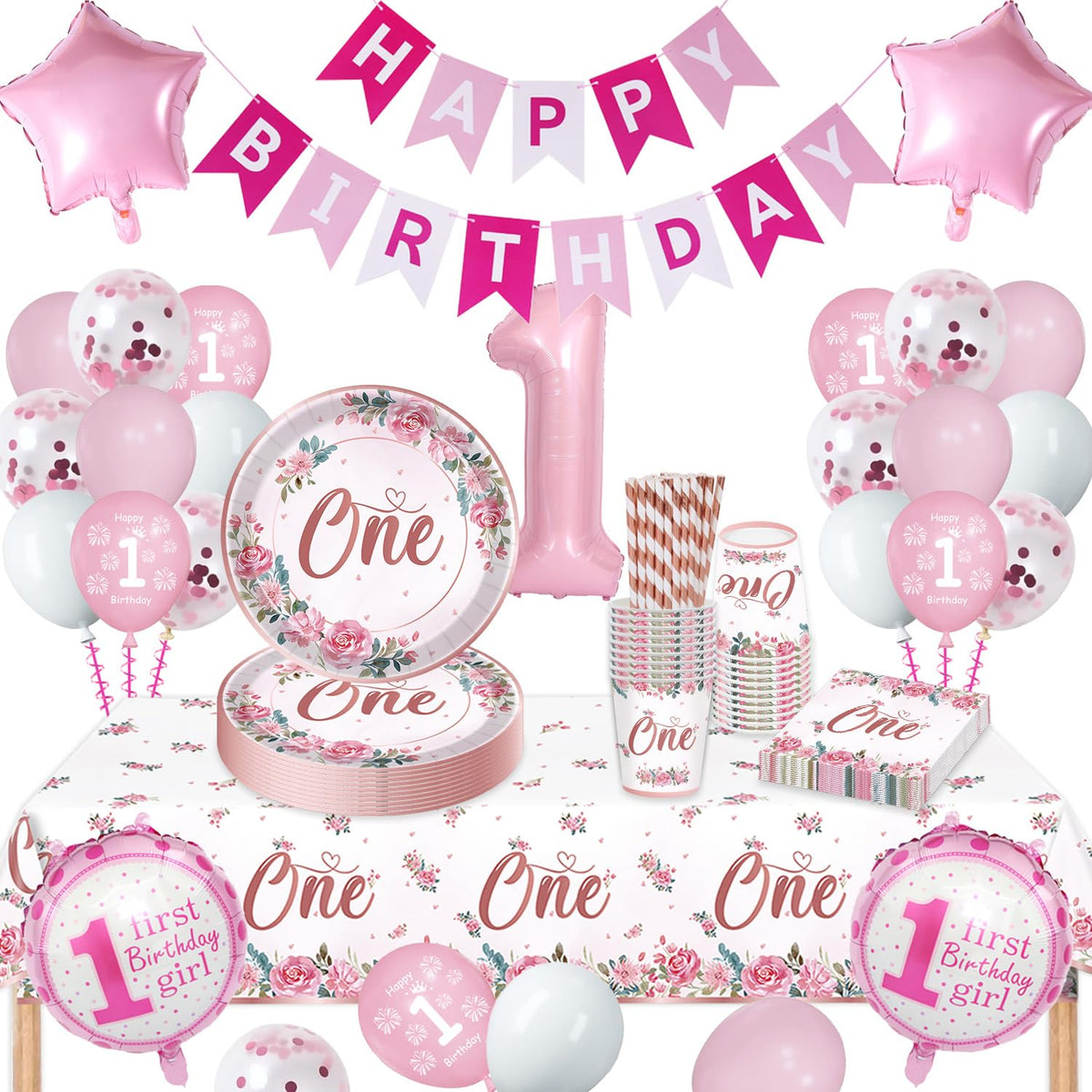 1st Birthday Decoration for Girls, 1st Birthday Girl Party Tableware Set, First Decorations Pink, Balloon Paper Plates, Cups, Napkins, Tableware for