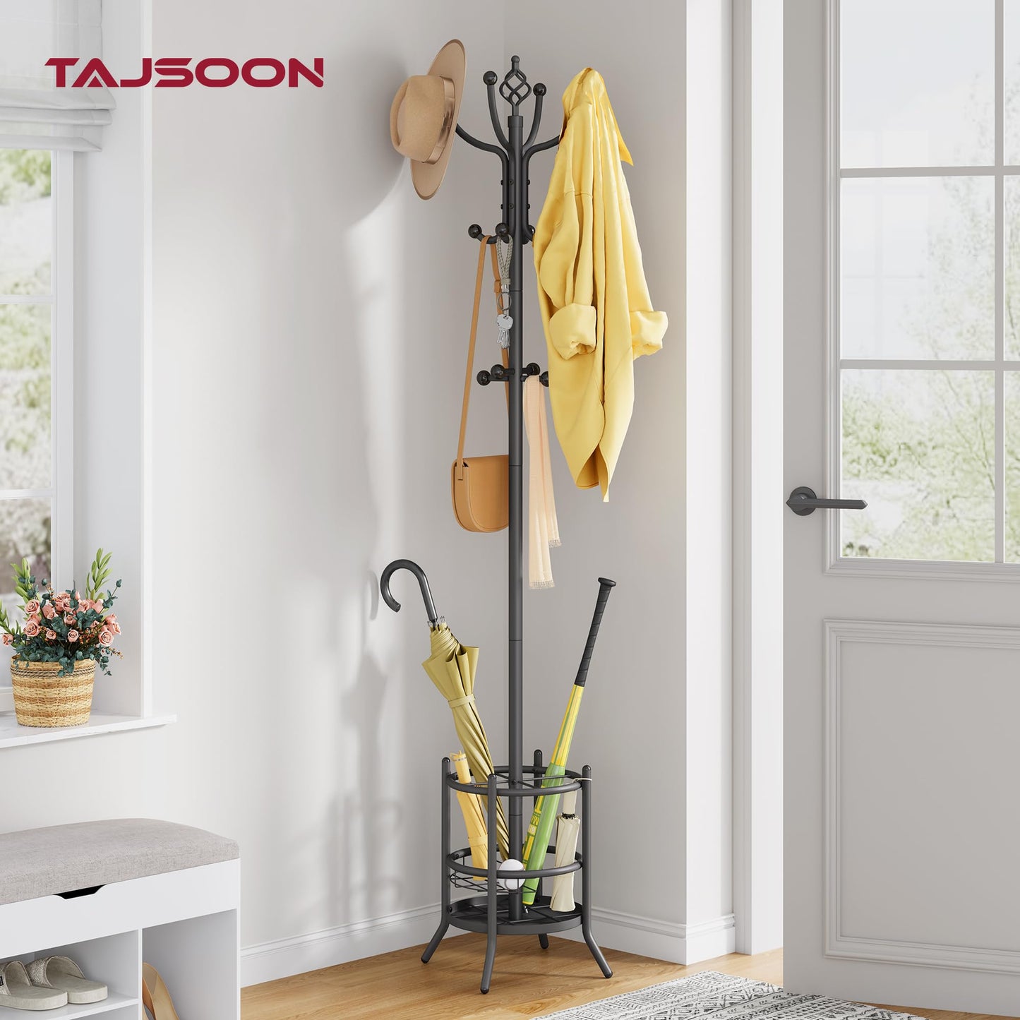 Tajsoon Coat Tree with Umbrella Stand, Coat Rack With 16 Hooks, Grey