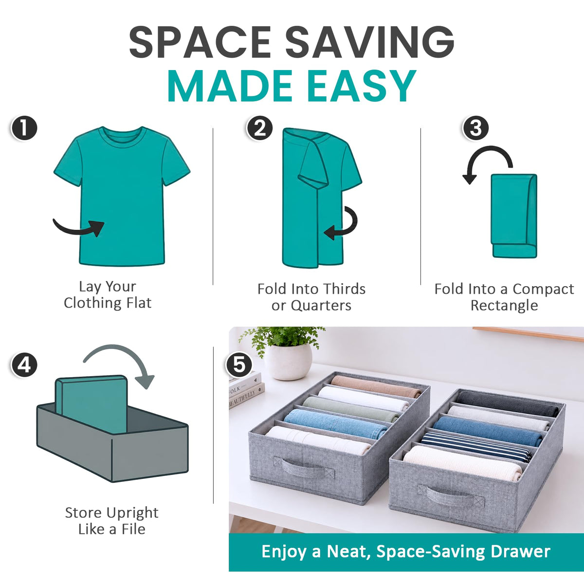 ZENO Large Drawer Organizer 16.5" L x 11.8" W x 6.7" H - 2 Pack Fabric Closet Bins with 5 Separators - Foldable Wardrobe Dividers for Sweaters, Jeans