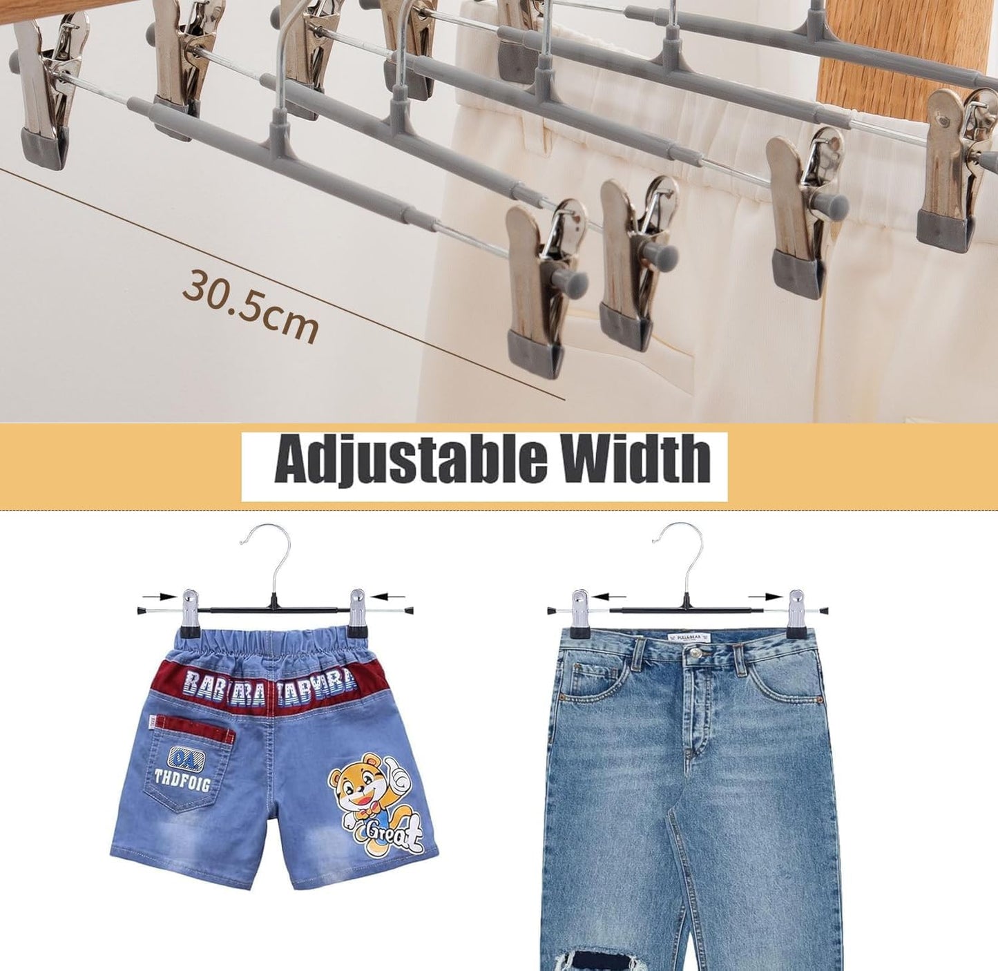 10Pack Trouser Hangers -Skirt Hangers with Adjustable Non Slip Clips Strong Chrome- Space Saving Pant Hangers,Heavy Duty Metal Hangers for Shorts
