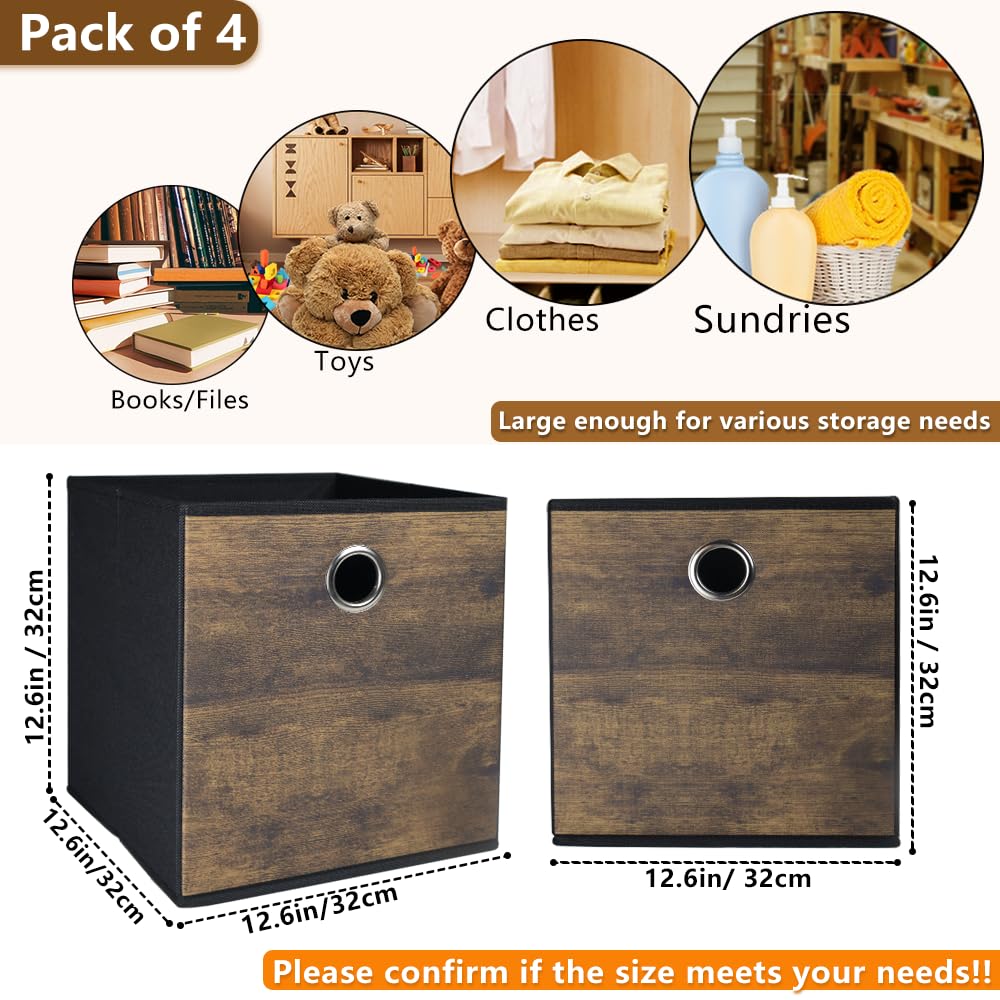 4-Pack Durable Storage Cube Box with Wood Grain Decorative Thickened Fabric Stroage Basket,Space-saving Cube Storage Unit Box for