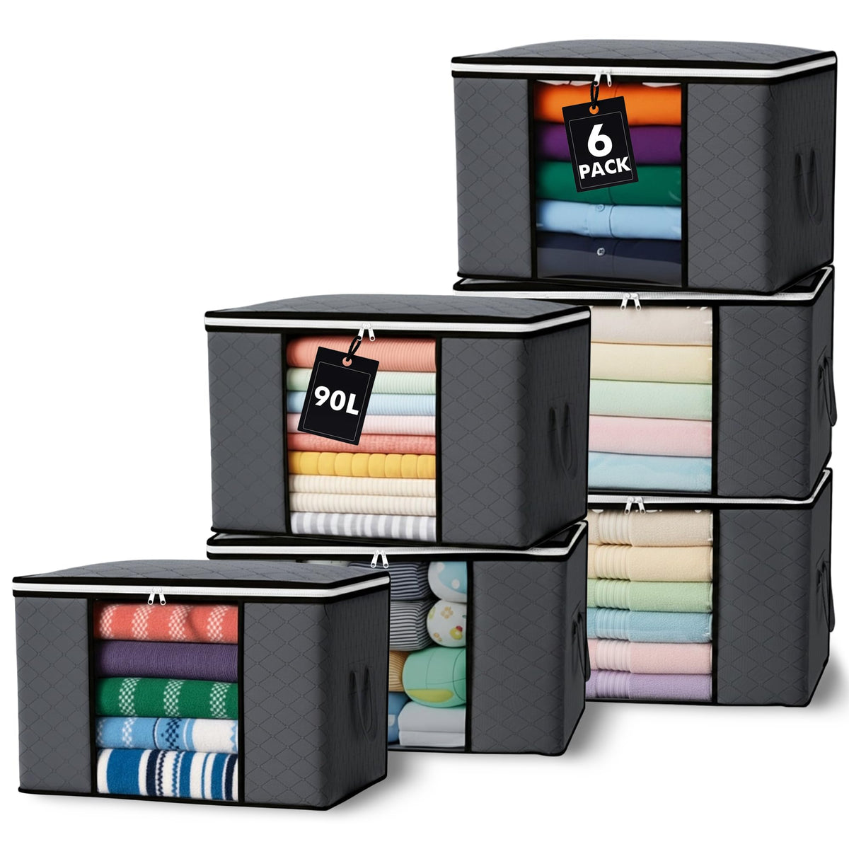 90L Storage Bags, 6Pack Large Capacity Clothes Storage Bags with Zips