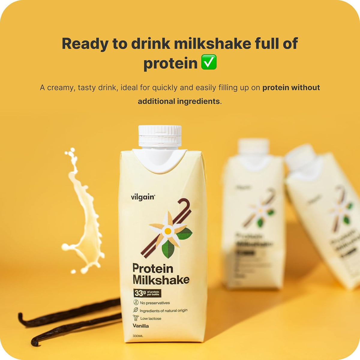 Protein Milkshake, 33g protein per serving, Low lactose, milk protein shake (12x330ml) (12x330ml, Vanilla)