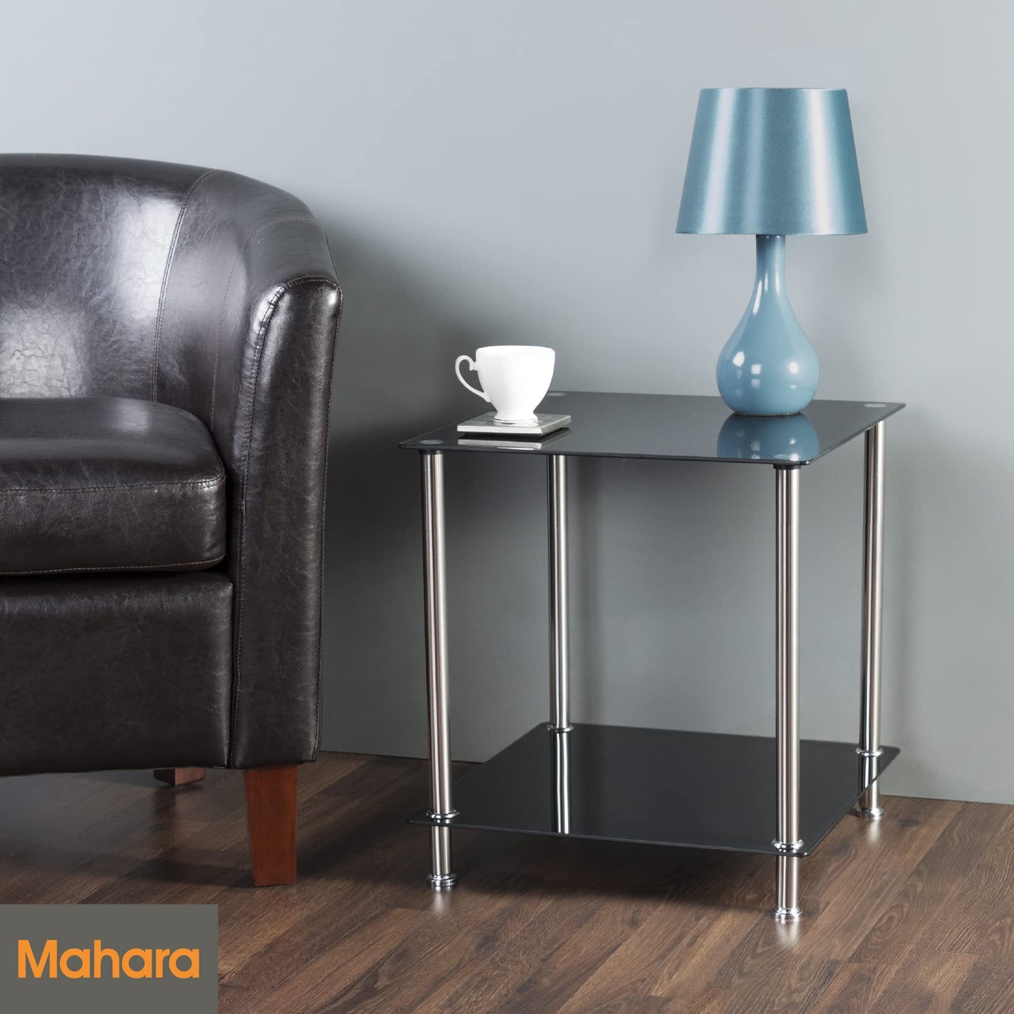 mahara Black Glass Side Table - Coffee Table - End Table - with glass shelf - Square, 45cm x 45cm, for Living Rooms, Lounges, Studies