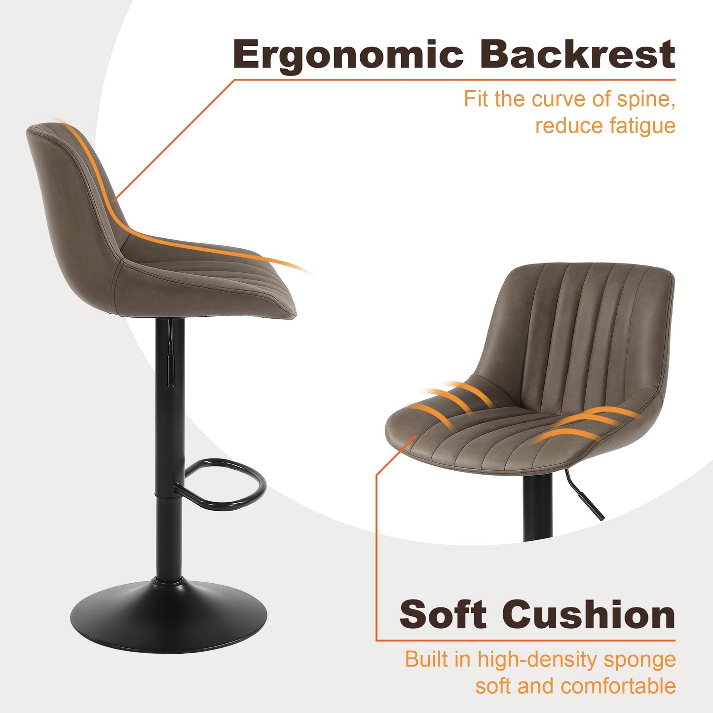 Youhauchair Bar Stool, Swivel Counter Height Barstools with Back, Adjustable PU Leather Bar Stool, Modern Kitchen Breakfast Bar Stools, Brown