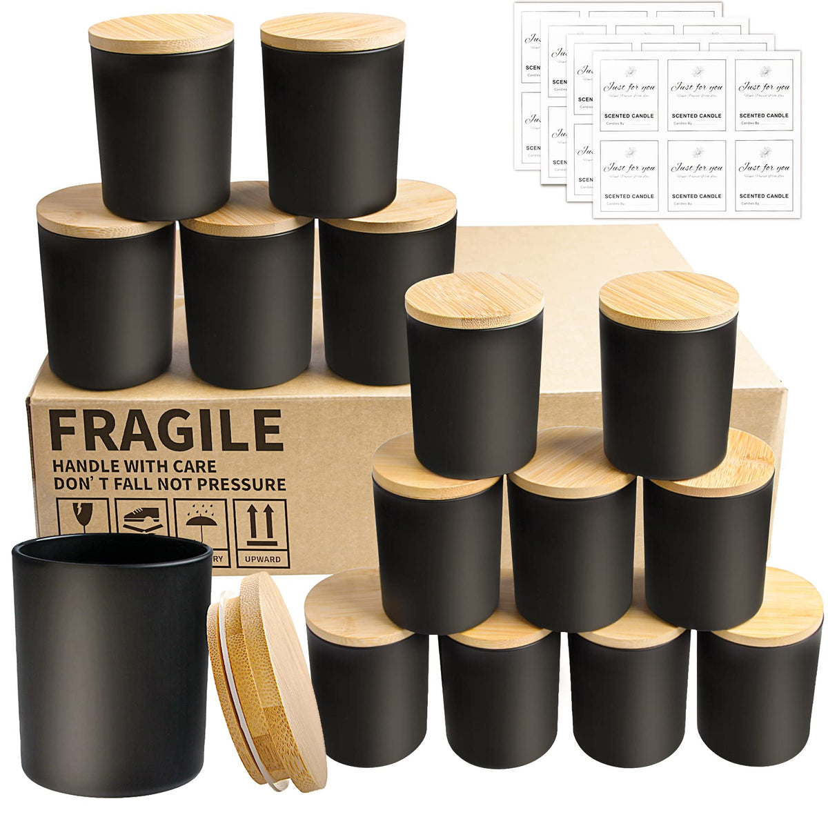 CONNOO 15 Pack 7 OZ Halloween Candle Jars with Bamboo Lids for Making Candles, Thick Black Glass Candle Jars Empty Jars in Bulk with lids - Dishwasher