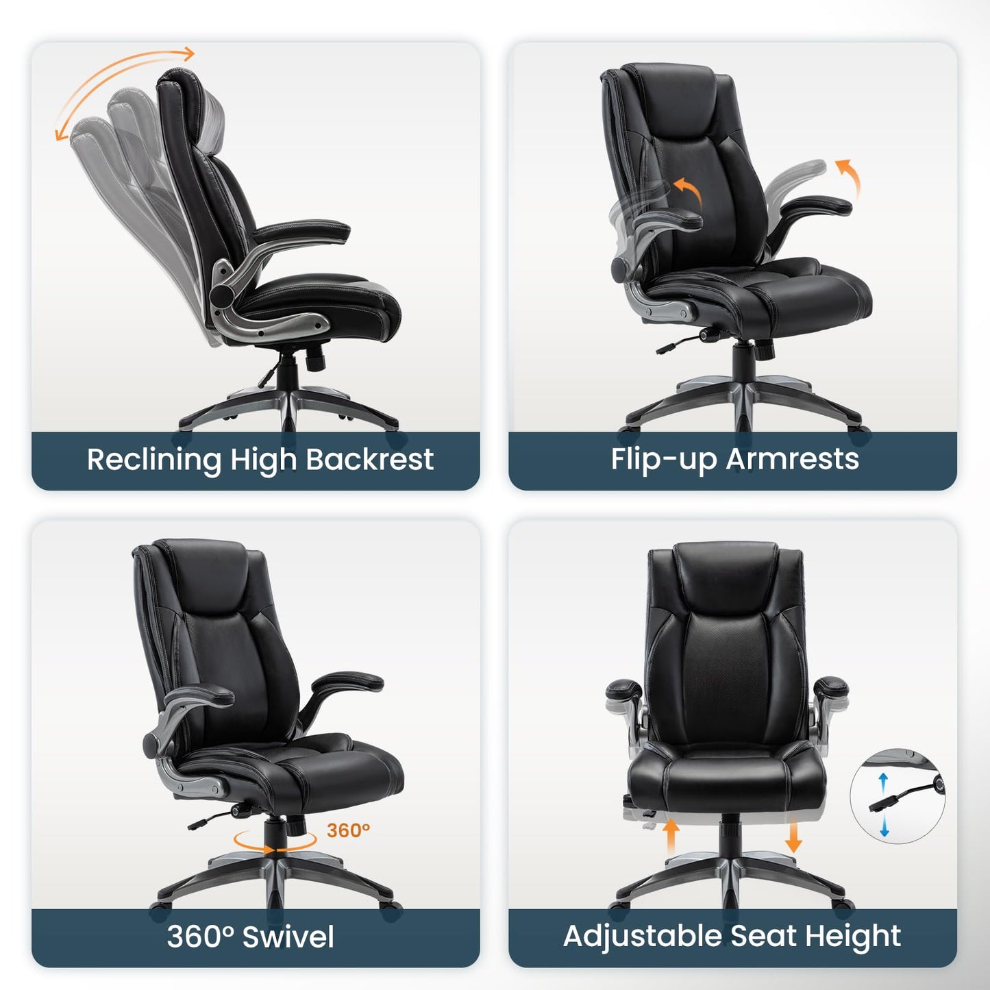 Ergonomic Executive Office Chair with Adjustable Lumbar Support, Flip-up Armrests, Double Padded Seat & Tilt Function