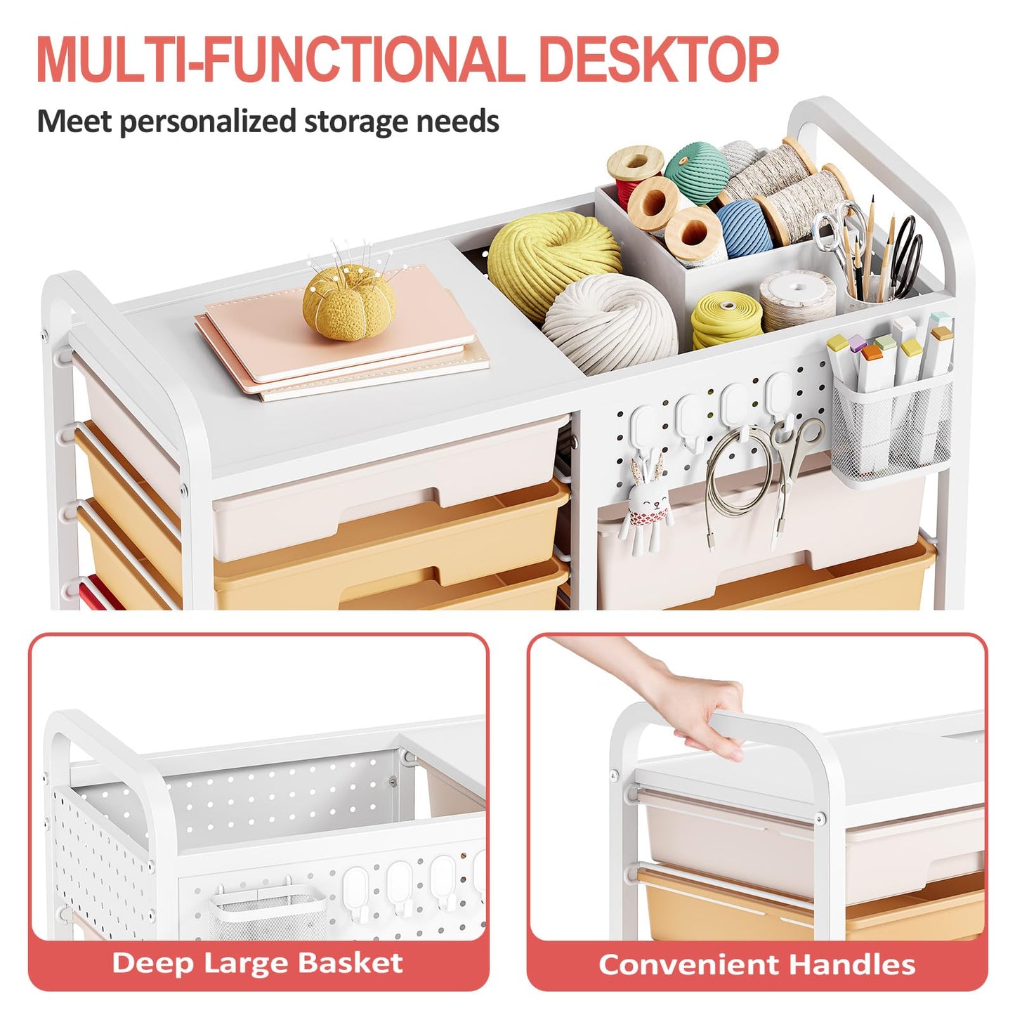 Rolling Storage Cart with 14 Drawers, Storage Organizer Cart with Tabletop and Pegboard,Utility Cart for Living Room, Classroom