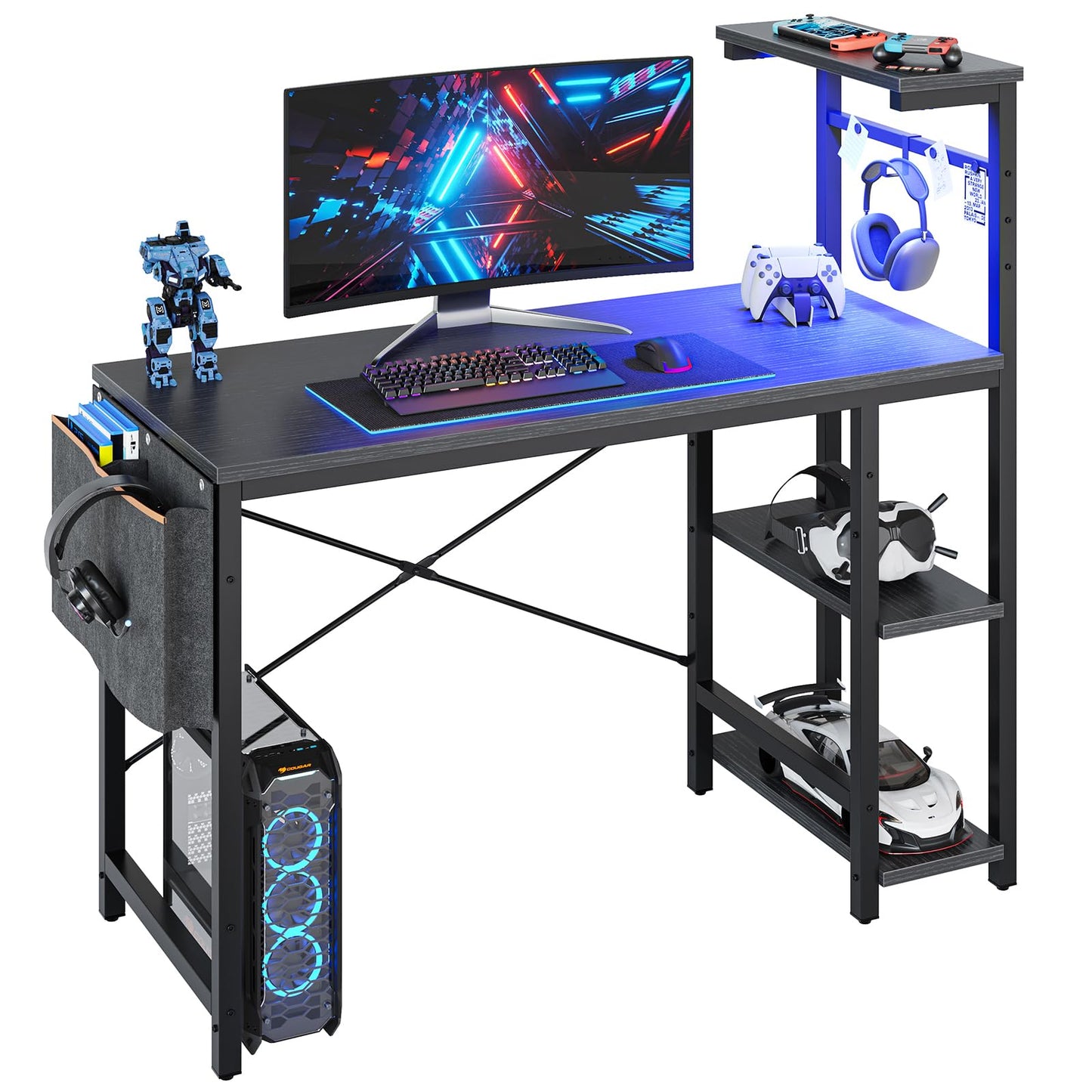 Bestier Computer Desk with Shelves Small Corner Desk with LED Lighting 113CM Reversible Computer Desk Writing Table with Side Pocket Storage Bag &