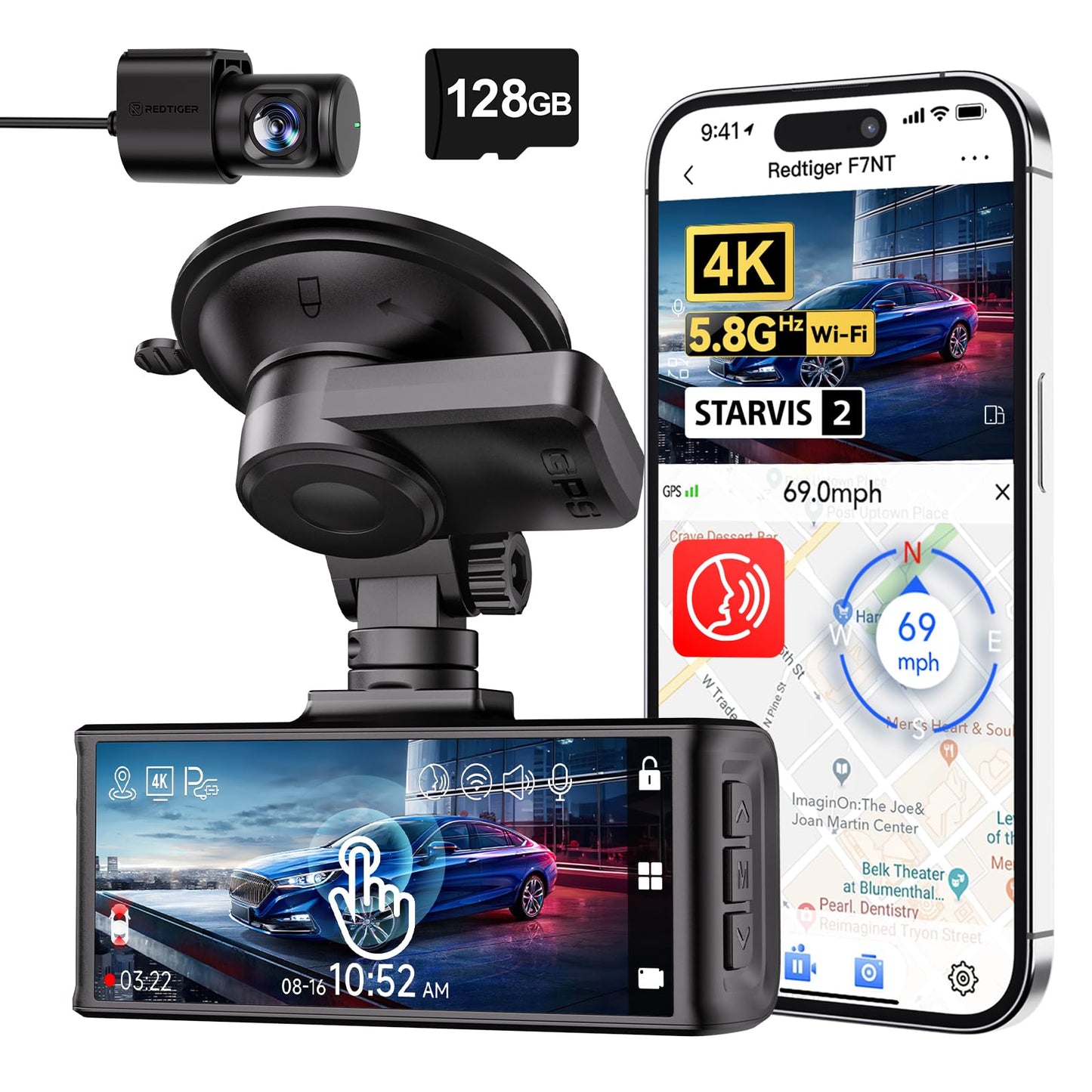 REDTIGER 4K Dash Cam Front and Rear, Touch Screen 3.18 Inch, Voice Control, 5.8GHz WiFi Car Dash Camera with 128GB Card, GPS, UHD 2160P Night Vision,