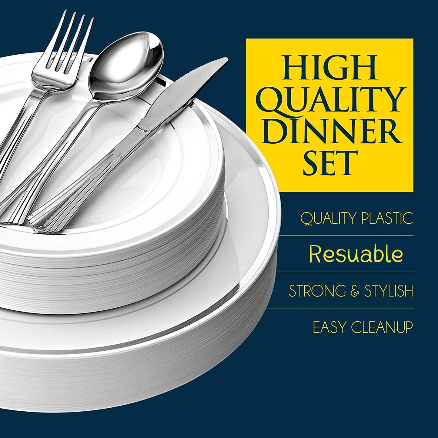 LATERN 150Pcs Multi-Use Silver Plastic Dinnerware Set, 25 x Resuable Dinner Plates, 25 x Salad Plates, 25 x Knives, 25 x Mini Forks, 25 x Spoons, 25 x