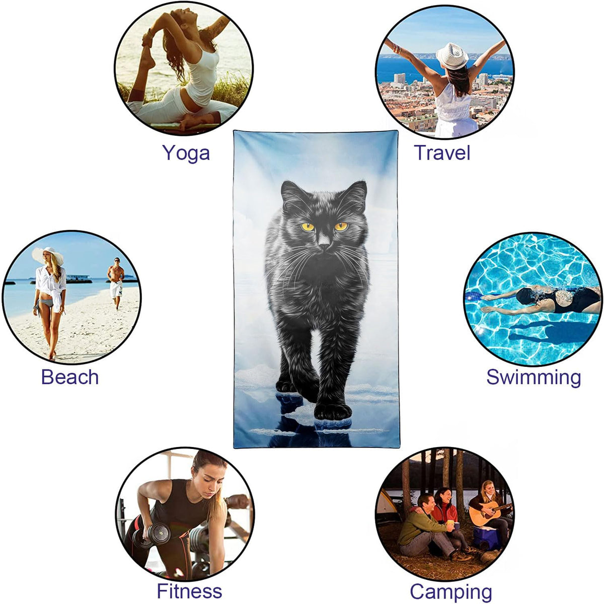 YISUMEI Black Cat Beach Towels for Adults Extra Large 180 x 90 cm, Microfibre Quick Dry Towel for Travel Swimming Camping Sports