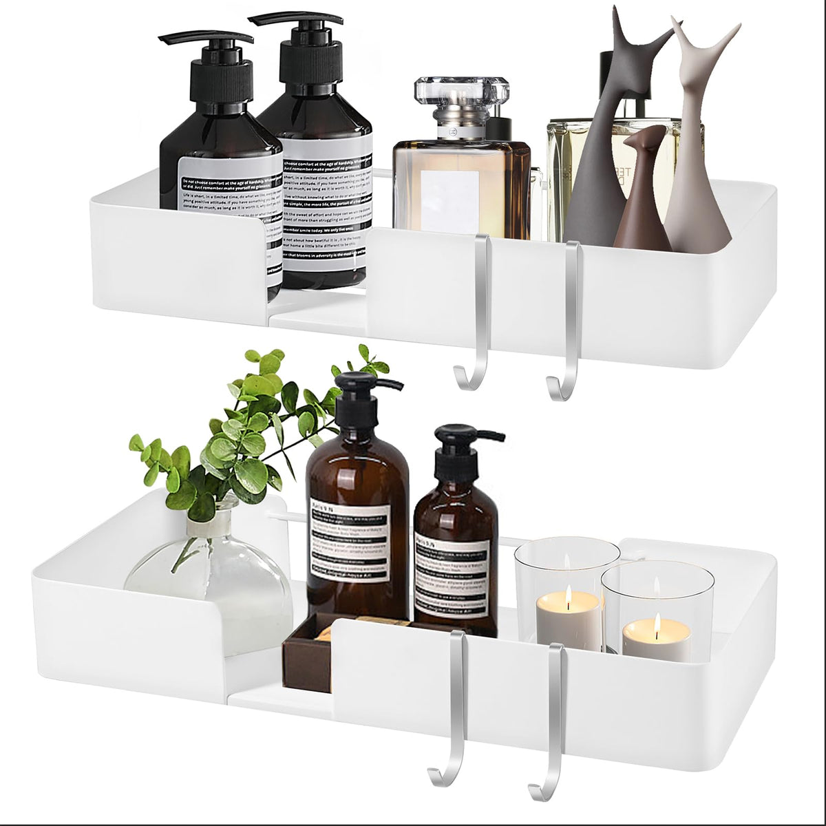 ABCOOL Shower Caddy Floating Bathroom Shelves - Set of 2, No Drill Wall Mounted Adhesive Hanging Shelves with Hooks Decorative Storage Shelves for